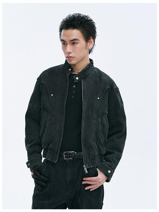 CATSSTAC Comfortable Relaxed Fit Youthful Stand Collar Long Sleeve Black Denim Jackets