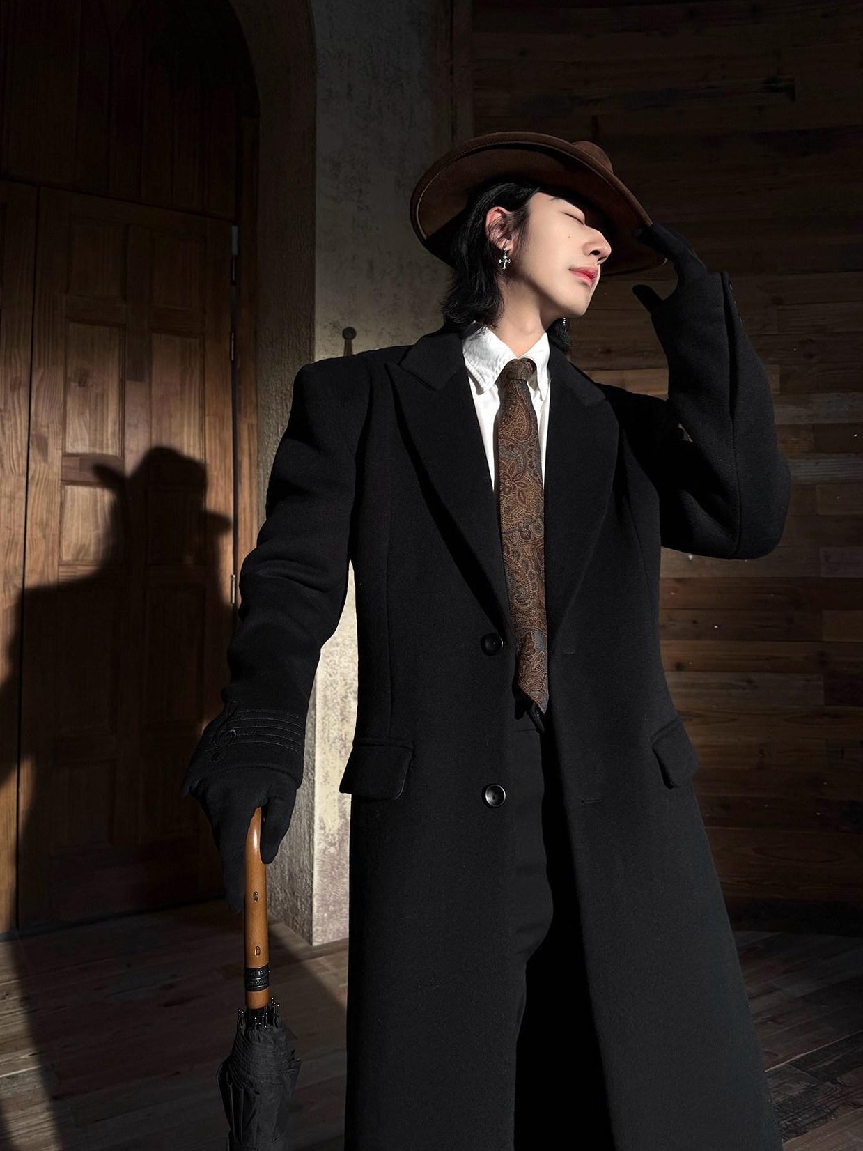 BALITONE Warm Wool Blend Embroidered Button Slim Long Unisex Urban Black Lapel Overcoats