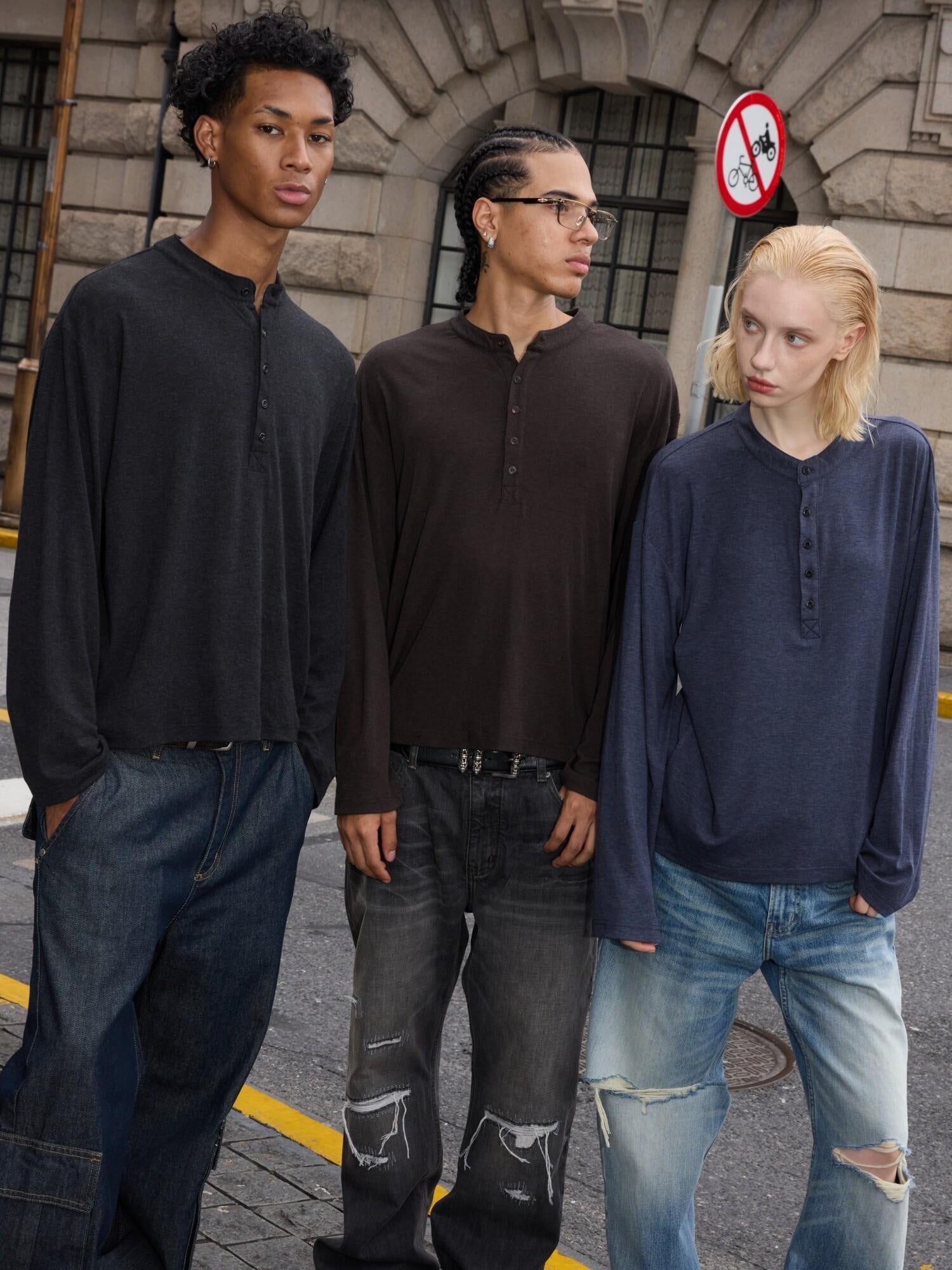 VLABMADE Wrinkle Free Lyocell Wool Relaxed Henley Unisex Citywalk Long Sleeve T-Shirts