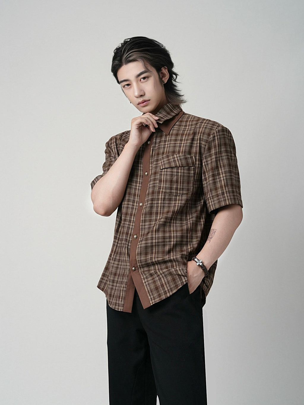 BALITONE Wrinkle Free Loose Fit Patchwork Plaid Collared Unisex Short Sleeve Shirts