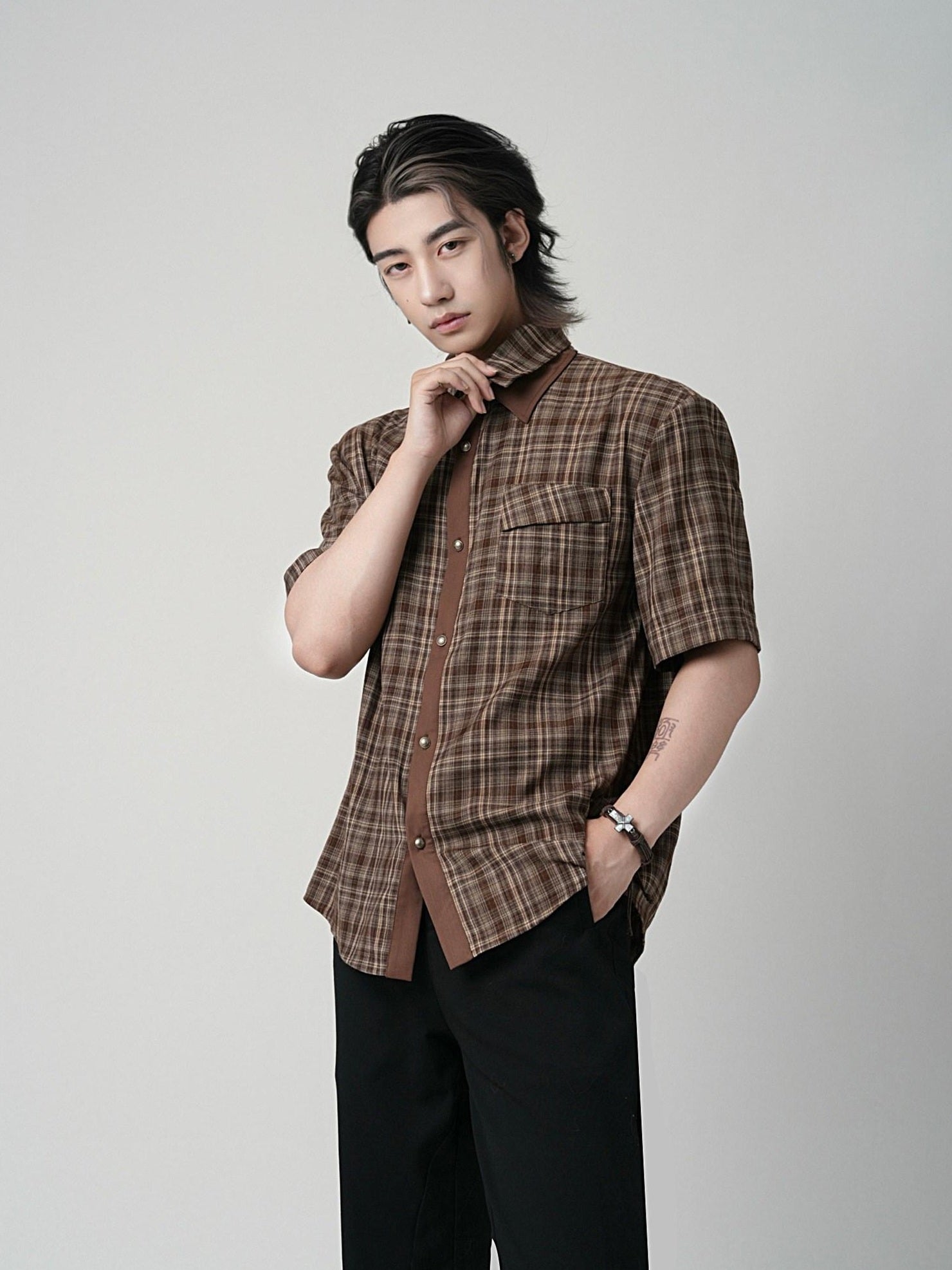 BALITONE Wrinkle Free Loose Fit Patchwork Plaid Collared Unisex Short Sleeve Shirts
