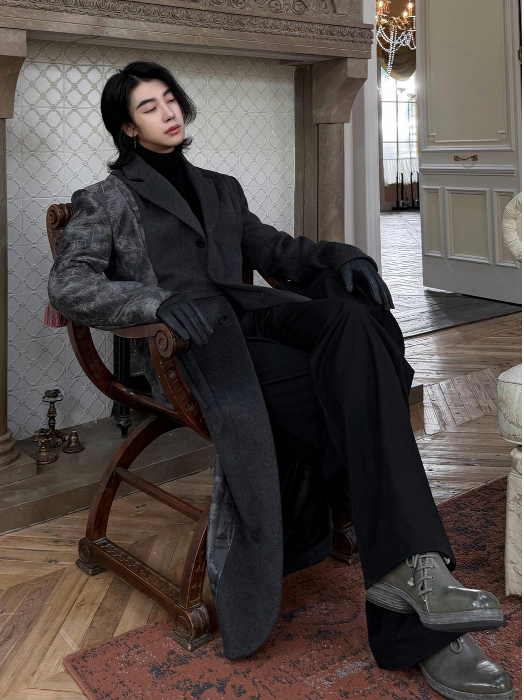 BALITONE Wrinkle Free Slim Fit Irregular Hem Blazer Collar Trendy Deep Gray Wool Coats