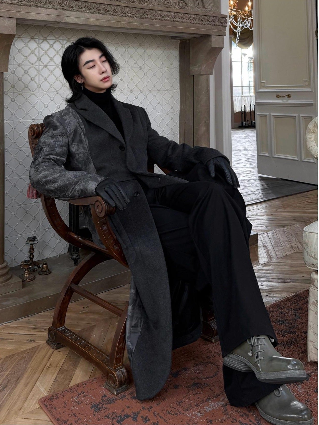 BALITONE Wrinkle Free Slim Fit Irregular Hem Blazer Collar Trendy Deep Gray Wool Coats