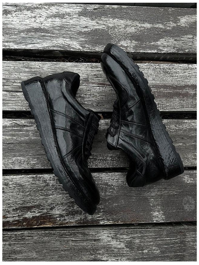 CATSSTAC Durable Horse Leather Casual Low Profile Lace Up Black German Trainer Sneakers