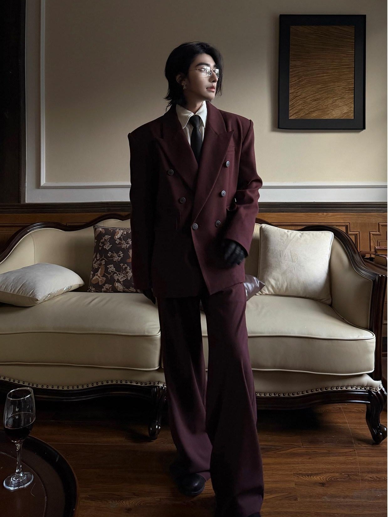 BALITONE Burgundy Black Buttoned Peak Lapel Business Casual Rear Vent Oversized Suits