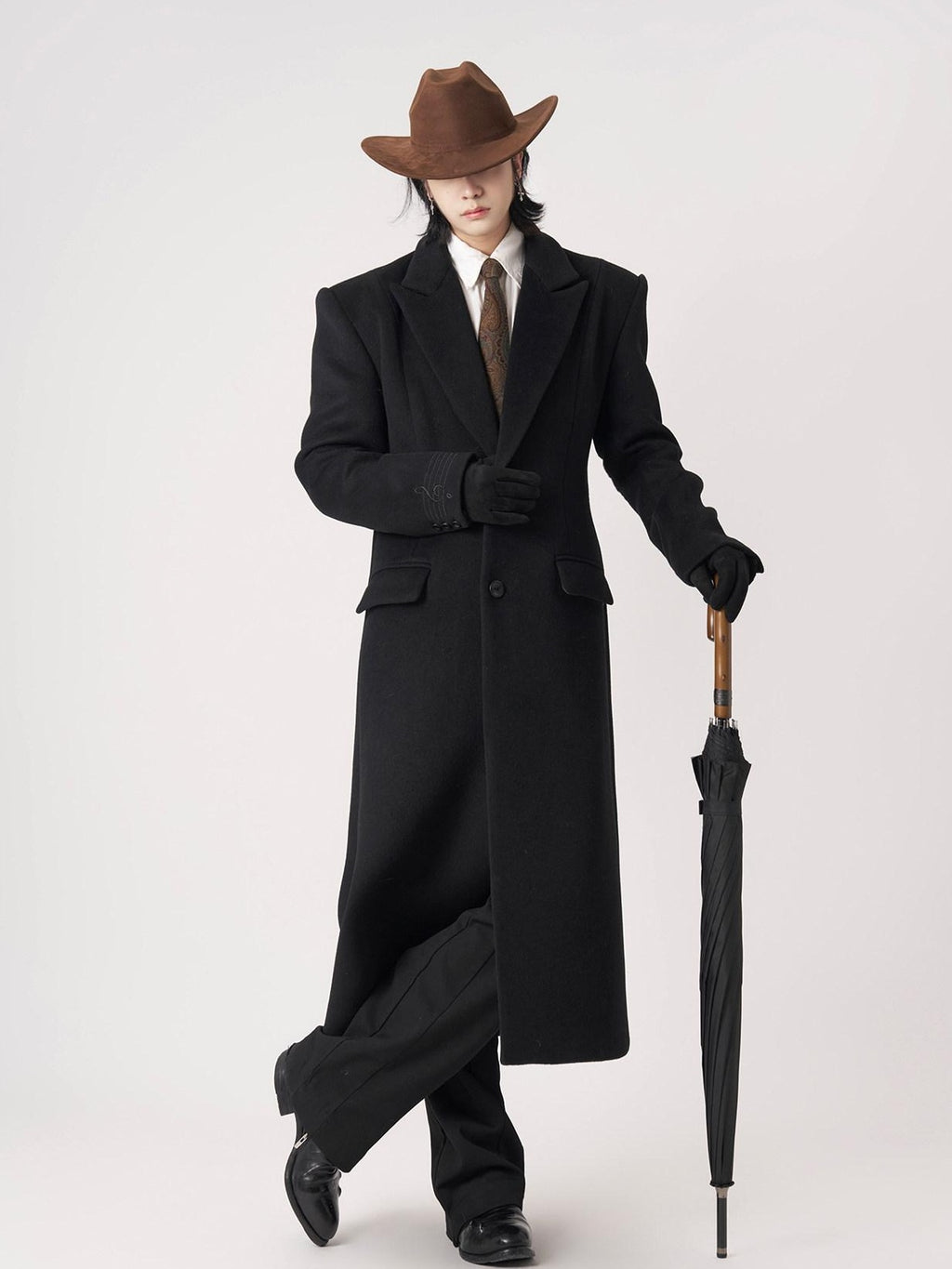 BALITONE Warm Wool Blend Embroidered Button Slim Long Unisex Urban Black Lapel Overcoats