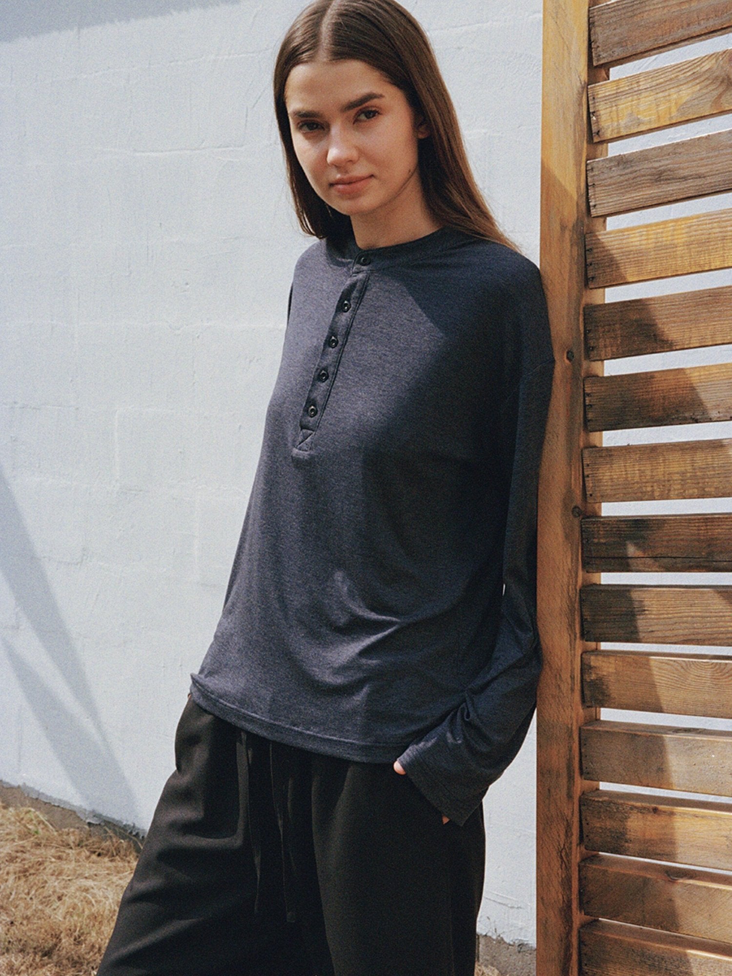 VLABMADE Wrinkle Free Lyocell Wool Relaxed Henley Unisex Citywalk Long Sleeve T-Shirts