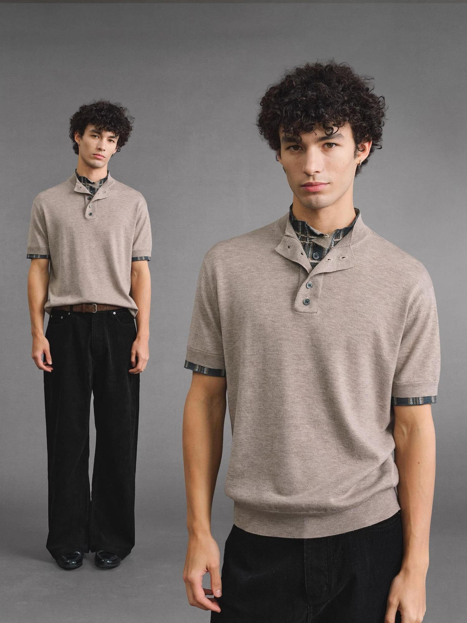 VLABMADE Breathable Wool Blend Layered Checked Stand Collar Unisex Short Sleeve T-Shirts