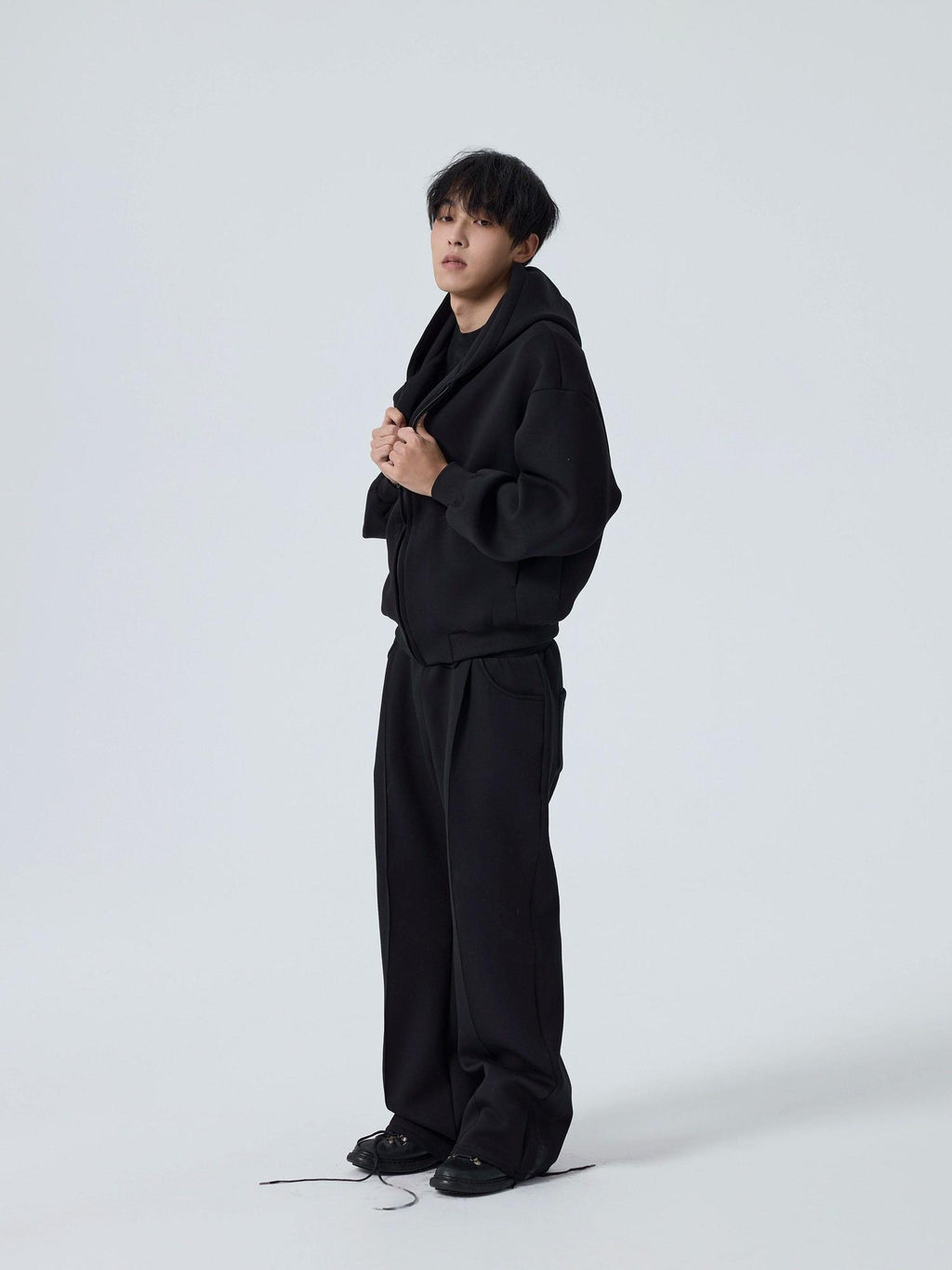 4JUNKS Shape Retention Loose Hooded Zip Top Unisex Nylon Black Gray Top & Pants Sets