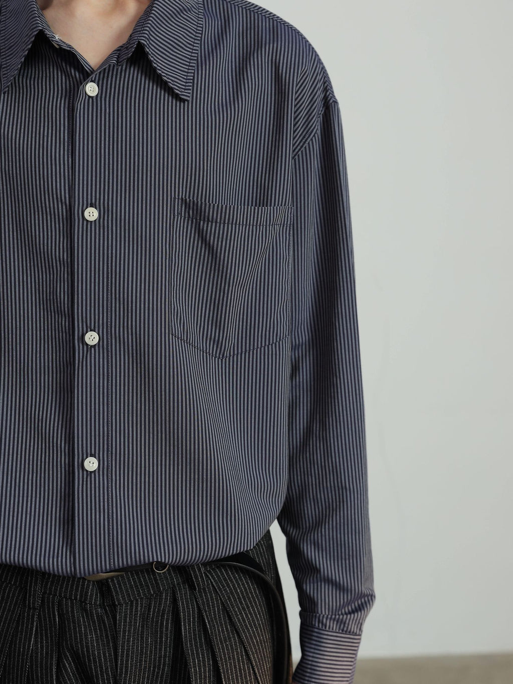 4JUNKS Relaxed Distressed Striped Open Front Cleanfit Pointed Collar Unisex Blue Shirts