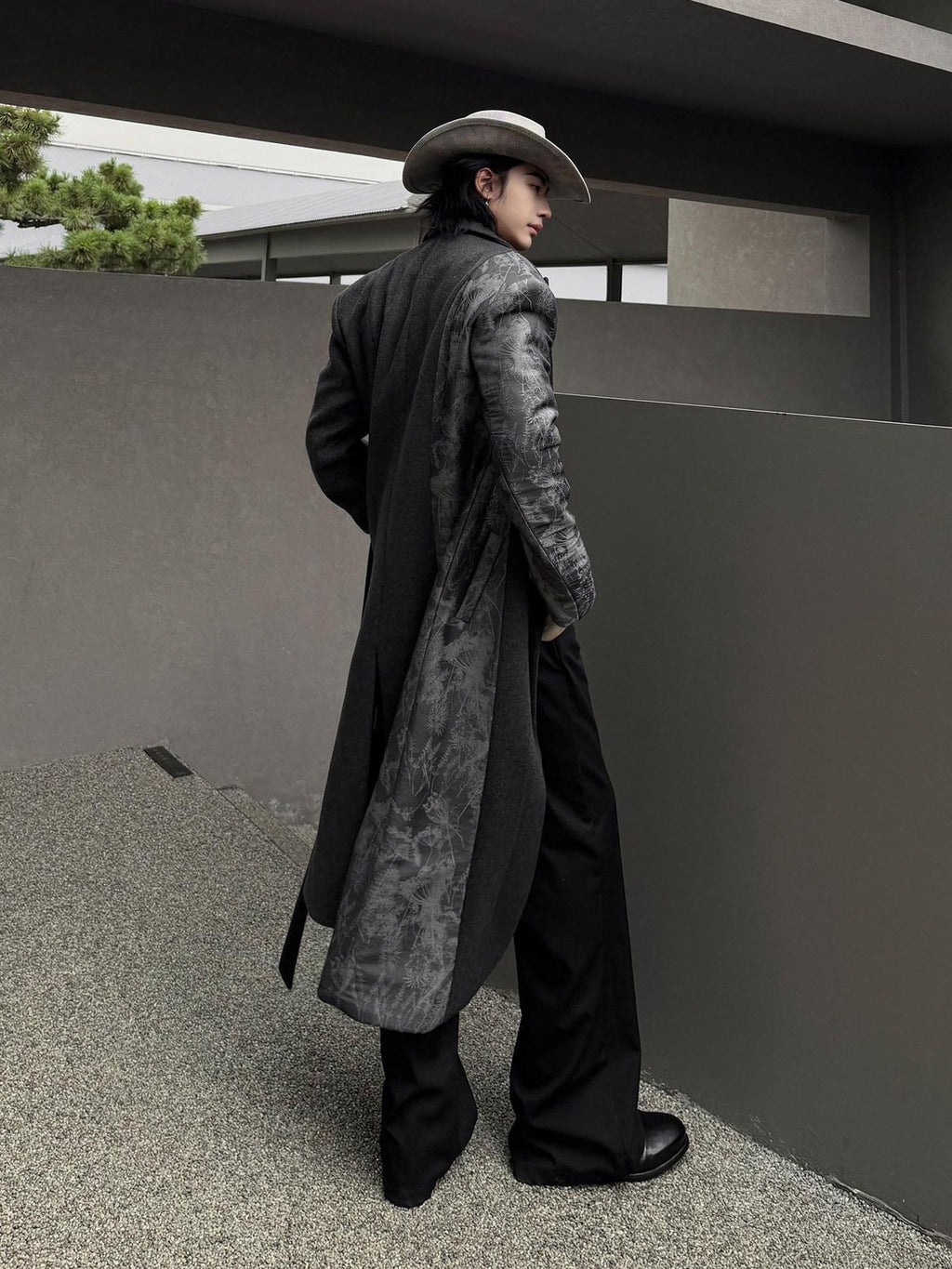 BALITONE Wrinkle Free Slim Fit Irregular Hem Blazer Collar Trendy Deep Gray Wool Coats