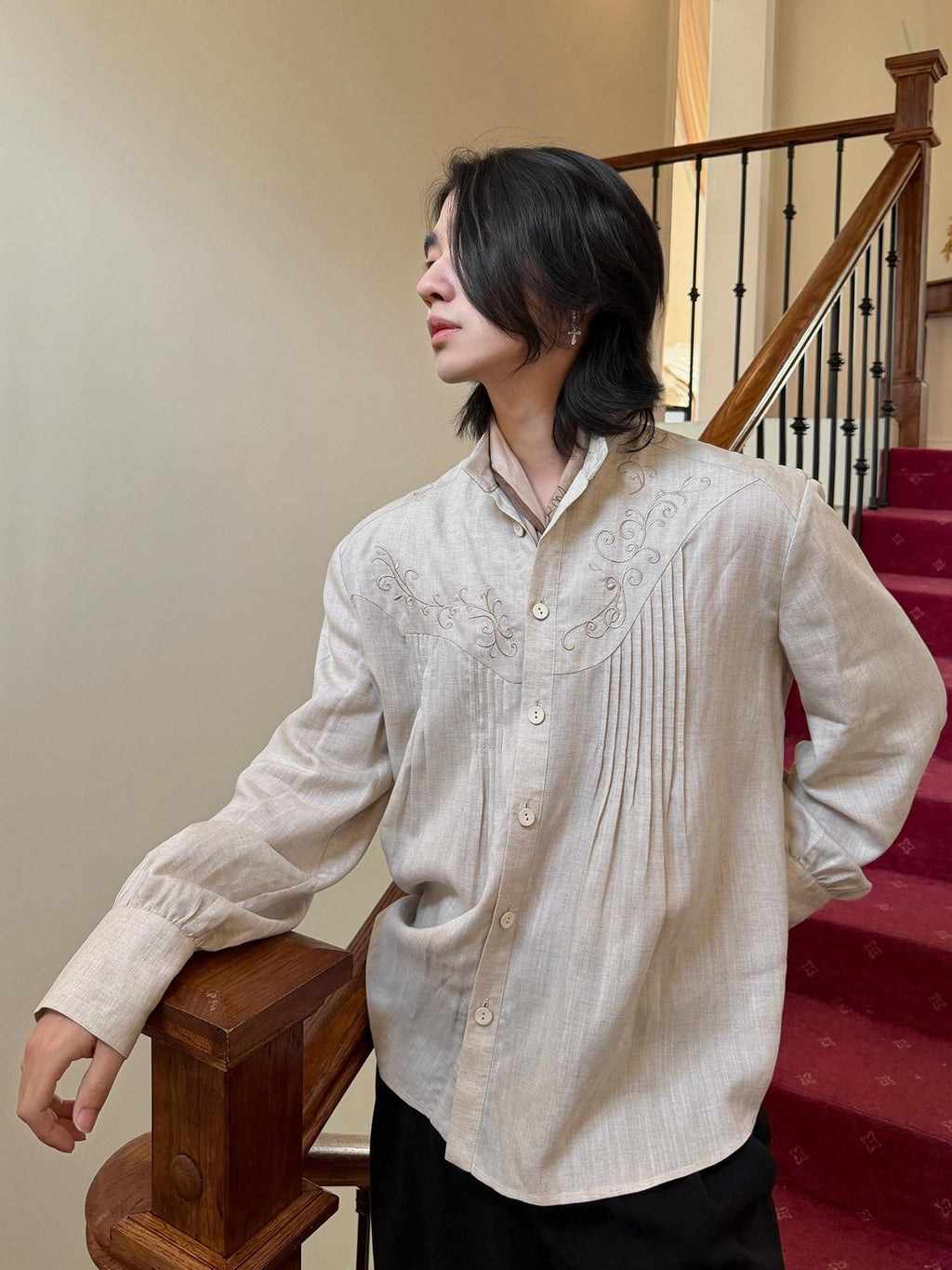 BALITONE Lyocell Linen Embroidered Pleated Regal Stand Collar Unisex Band-Collar Shirts