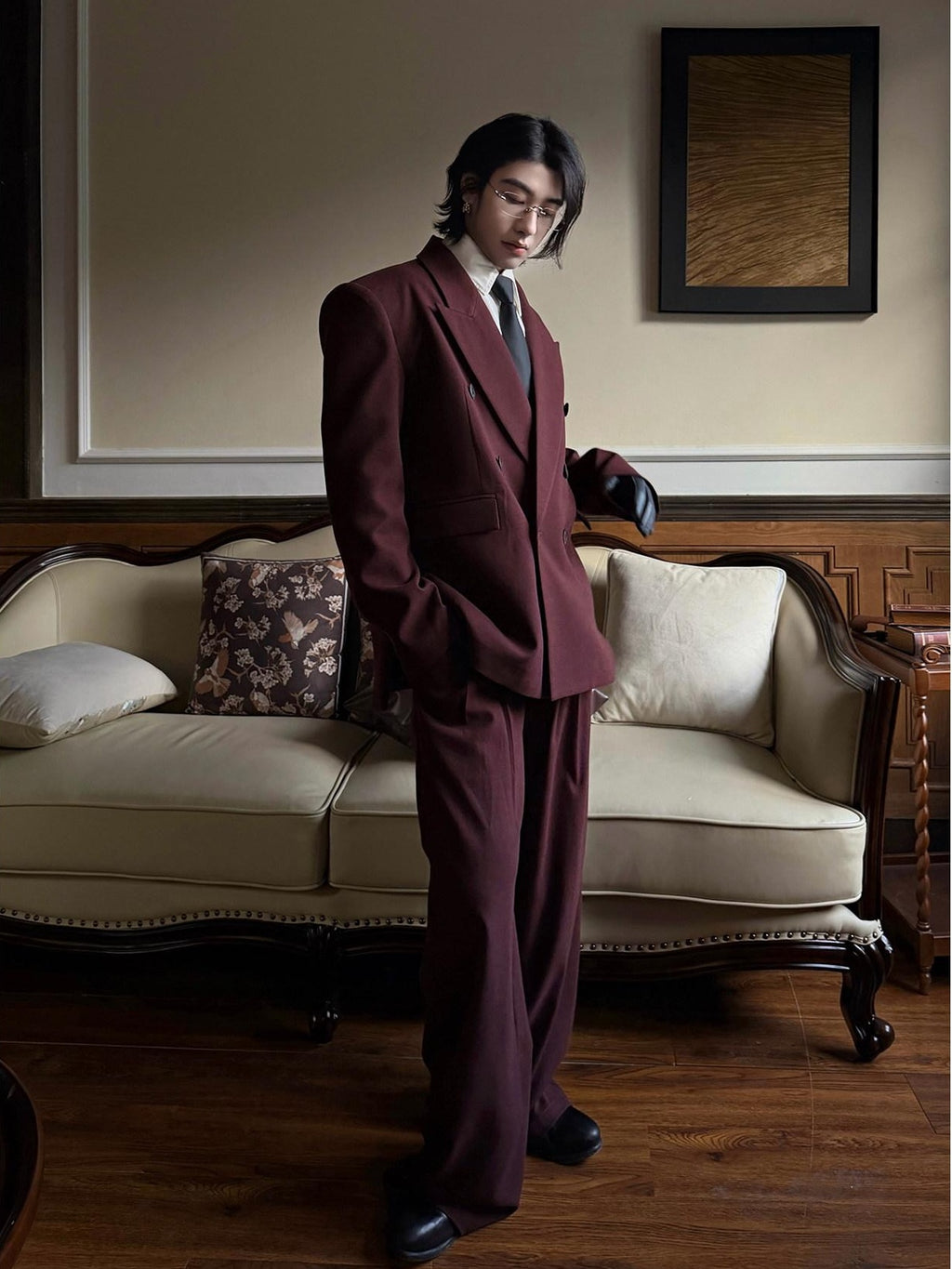 BALITONE Burgundy Black Buttoned Peak Lapel Business Casual Rear Vent Oversized Suits