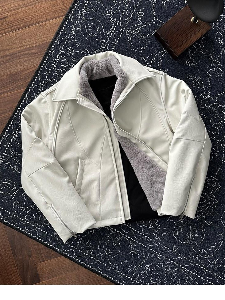 CATSSTAC Oversized Mountain Embossed Lapel Zip Casual Unisex Thick Leather Jackets