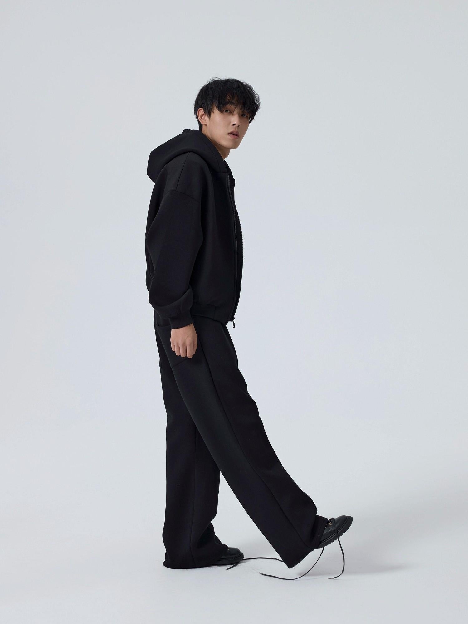 4JUNKS Shape Retention Loose Hooded Zip Top Unisex Nylon Black Gray Top & Pants Sets