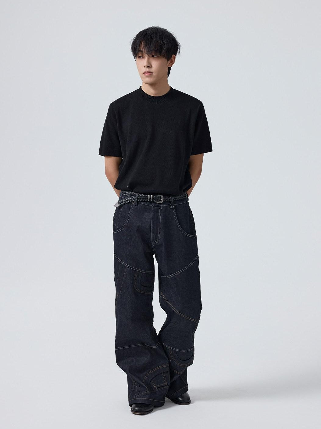 4JUNKS Wrinkle Free Breathable Relaxed Straight Midrise Casual Raw Denim Straight Pants