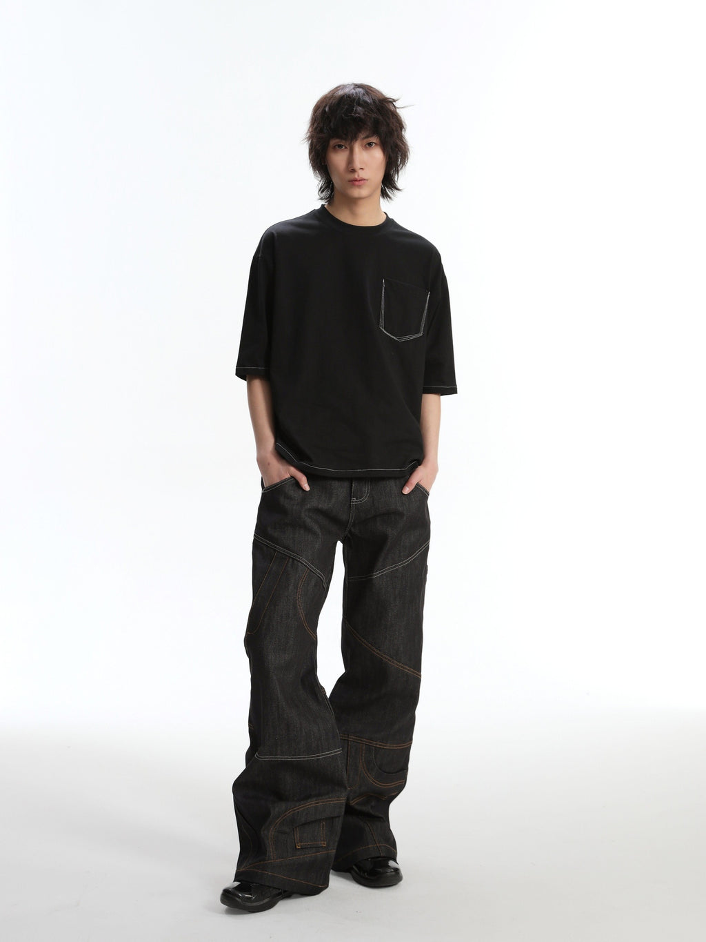 4JUNKS Wrinkle Free Breathable Relaxed Straight Midrise Casual Raw Denim Straight Pants