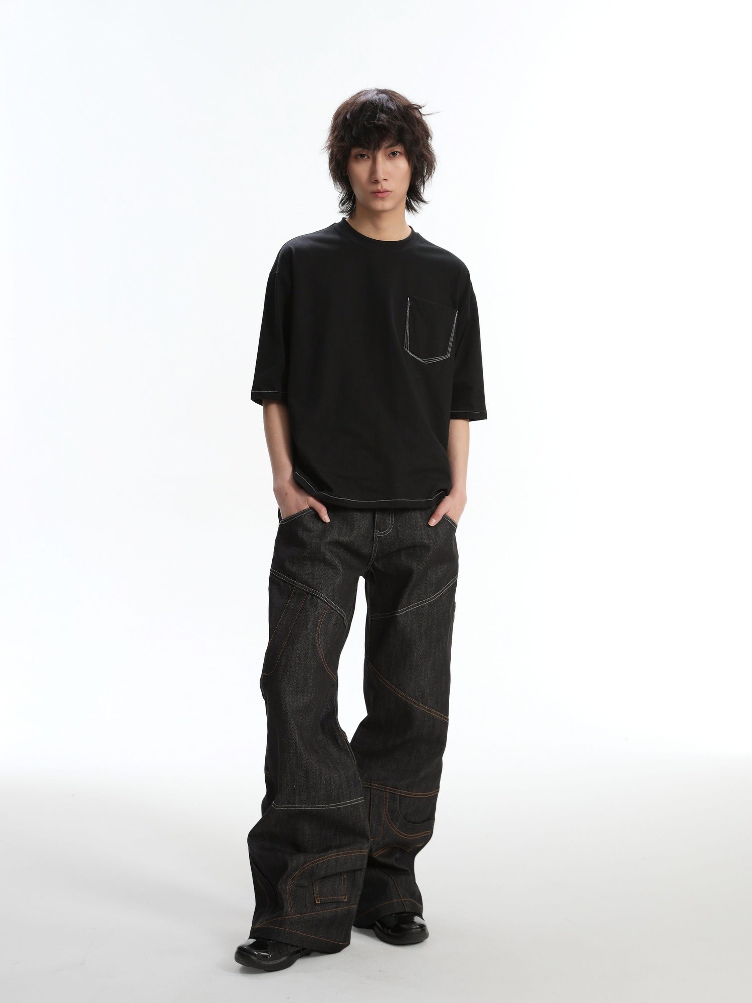 4JUNKS Wrinkle Free Breathable Relaxed Straight Midrise Casual Raw Denim Straight Pants