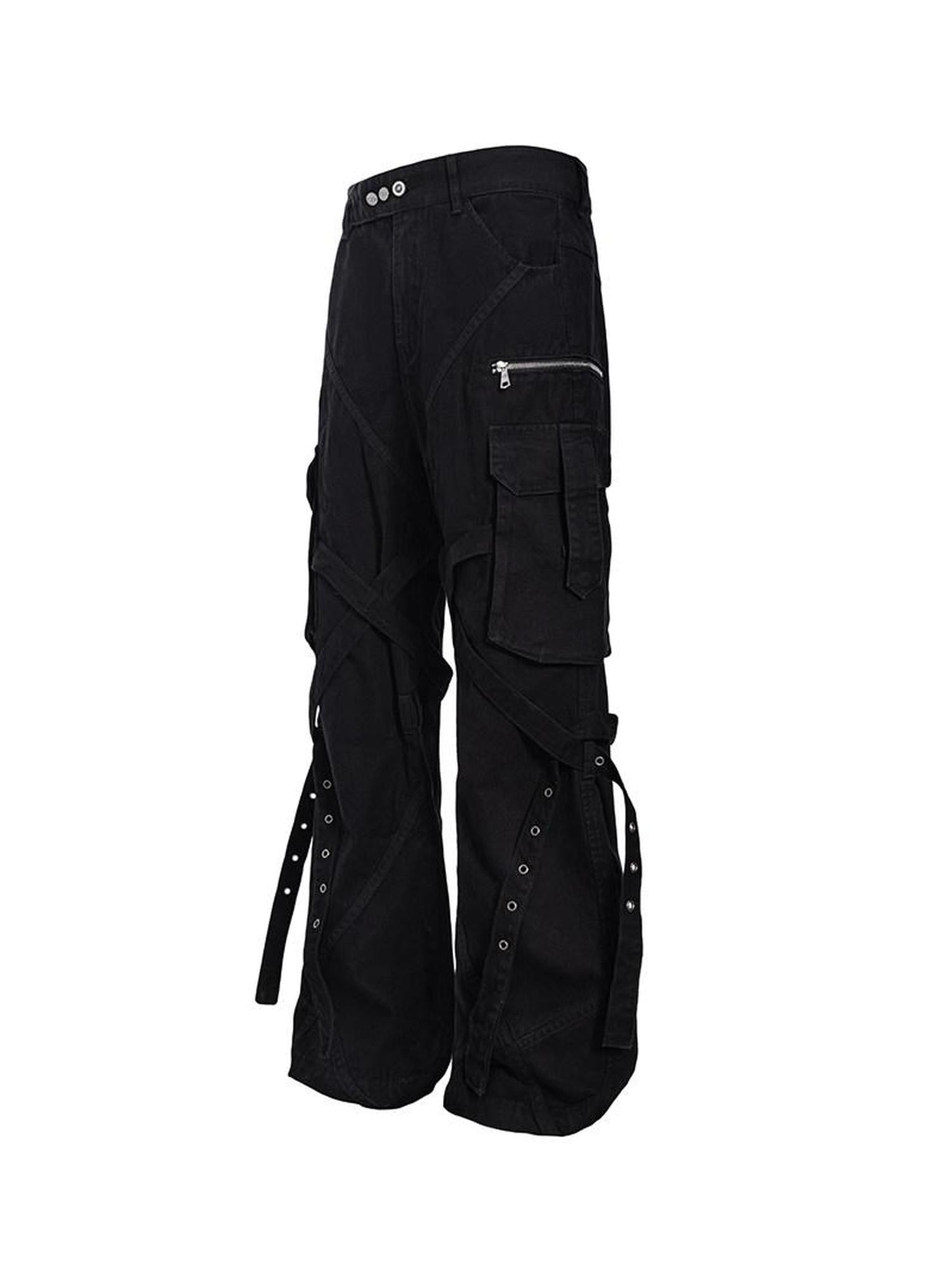 CATSSTAC Tie Detail Button Fly Loose Youth Casual Black Straight Pants