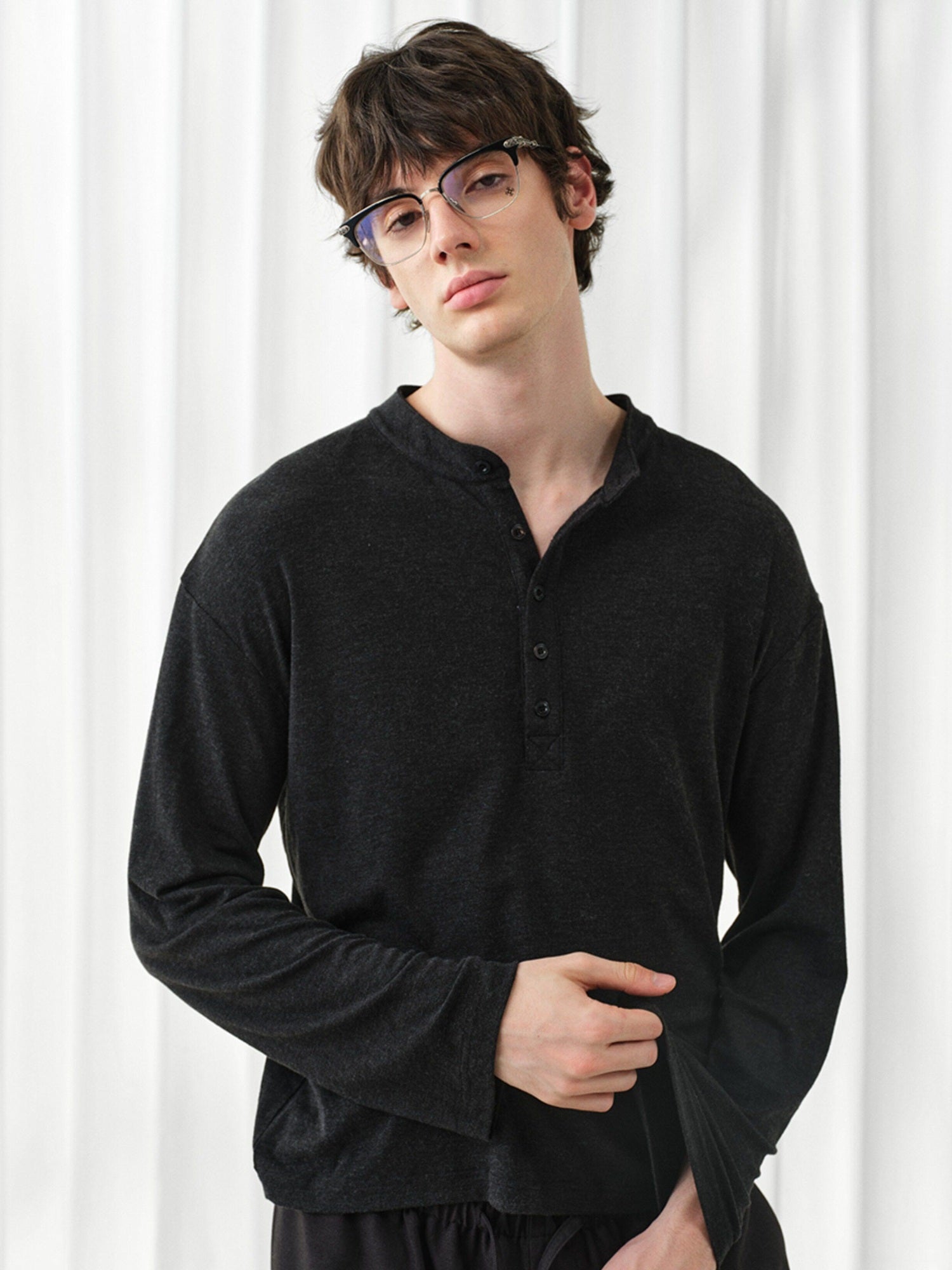 VLABMADE Wrinkle Free Lyocell Wool Relaxed Henley Unisex Citywalk Long Sleeve T-Shirts