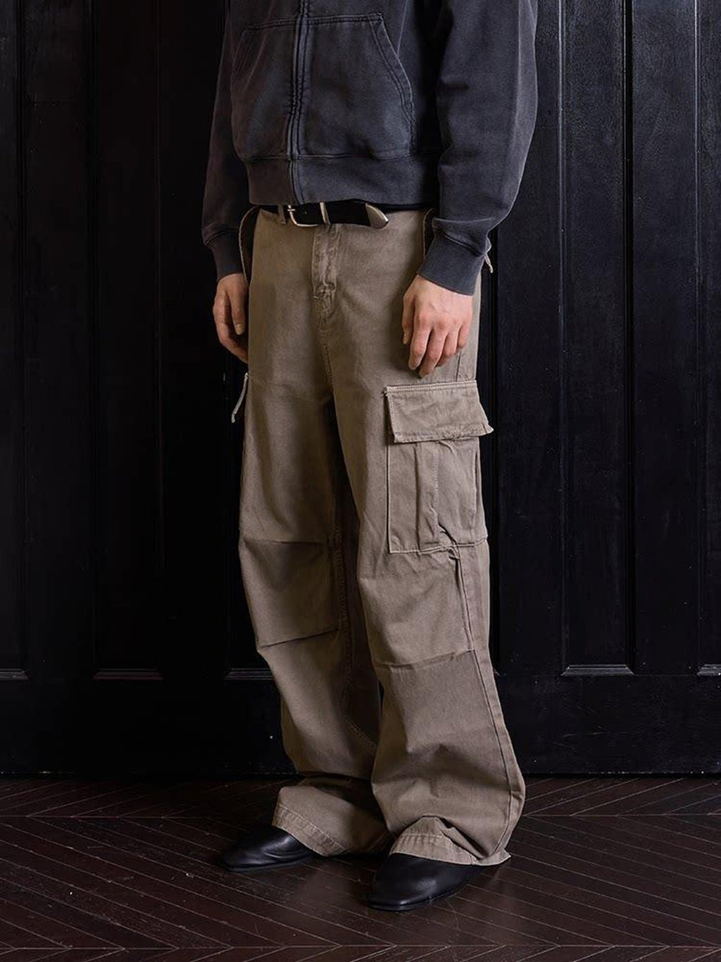 VLABMADE 100% Cotton Loose Straight Zipper Distressed Khaki Casual Classic Cargo Pants