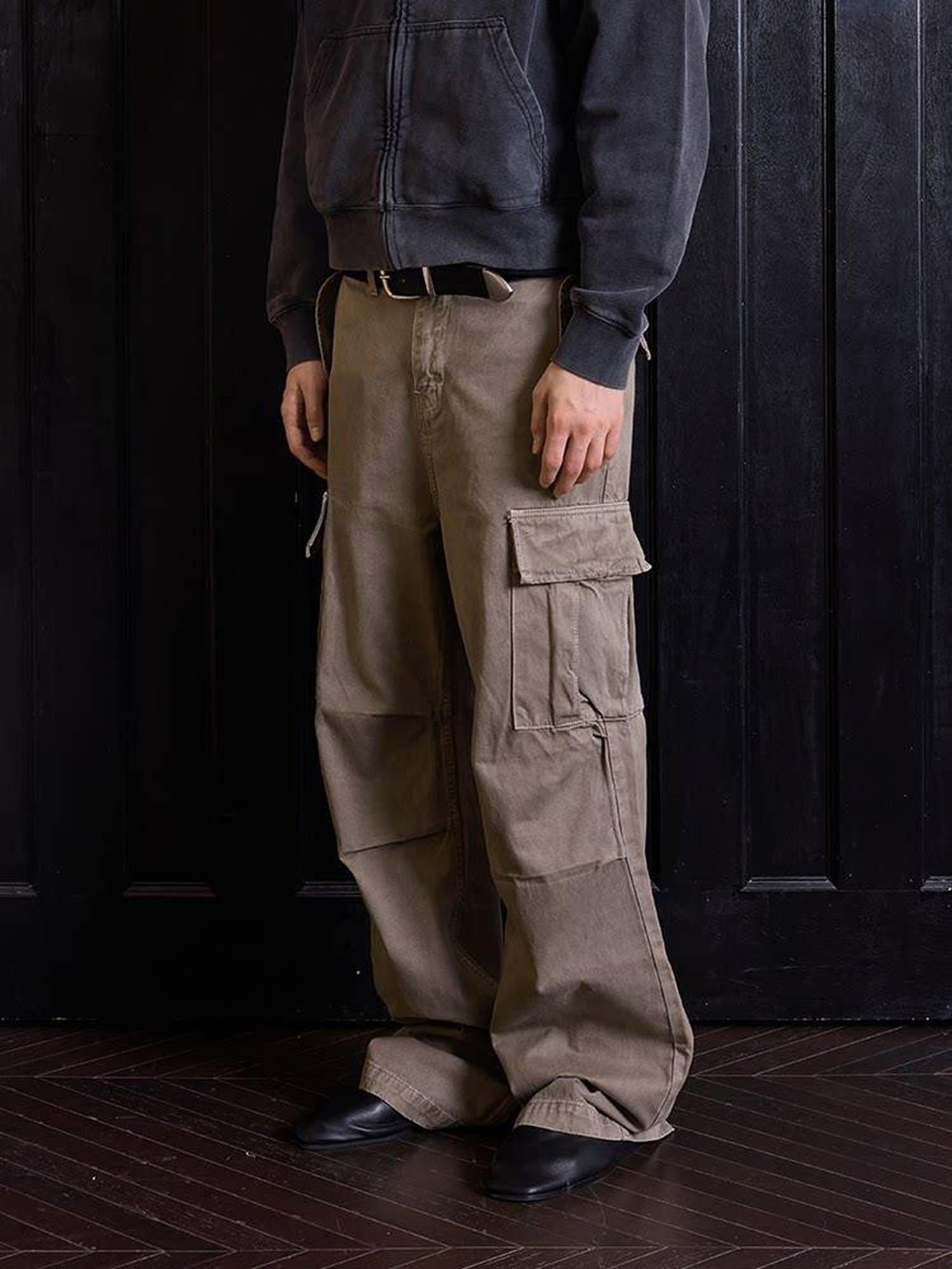VLABMADE 100% Cotton Loose Straight Zipper Distressed Khaki Casual Classic Cargo Pants