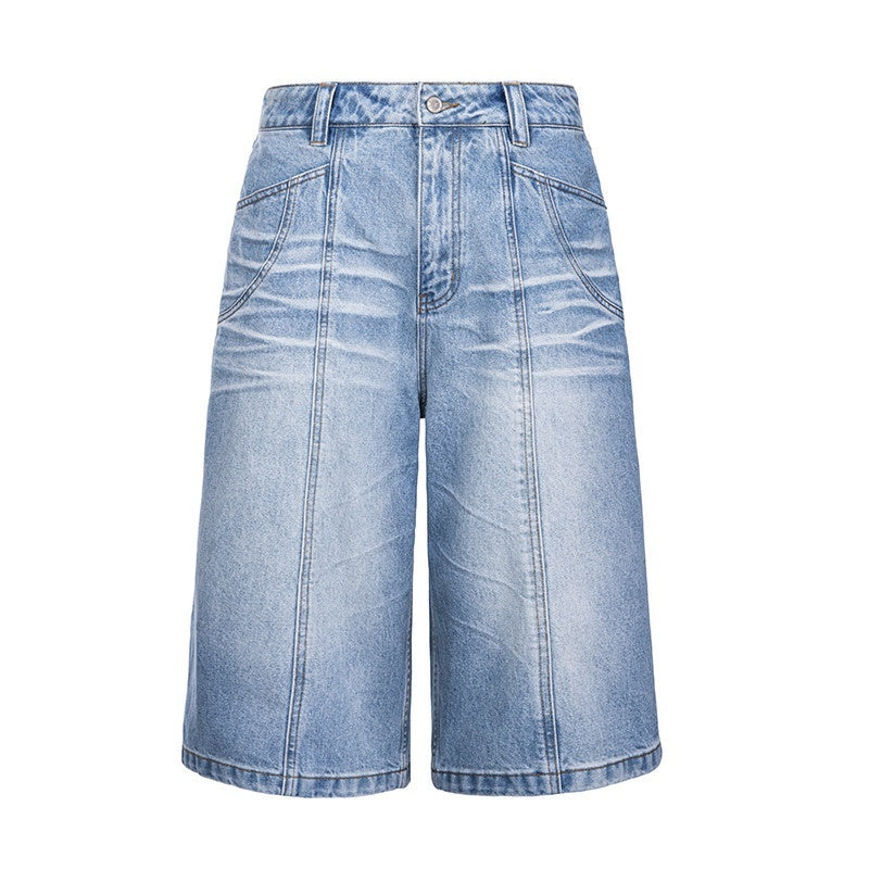 CATSSTAC Leg Slimming Mid Rise Straight Zip Fly Trendy Youth Black Blue Denim Shorts