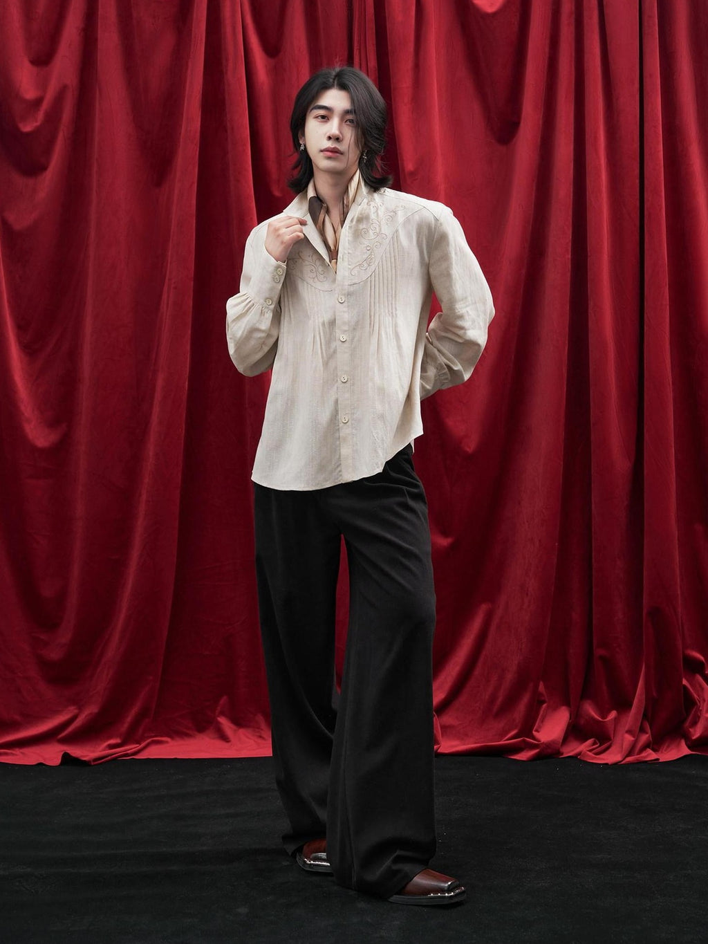 BALITONE Lyocell Linen Embroidered Pleated Regal Stand Collar Unisex Band-Collar Shirts