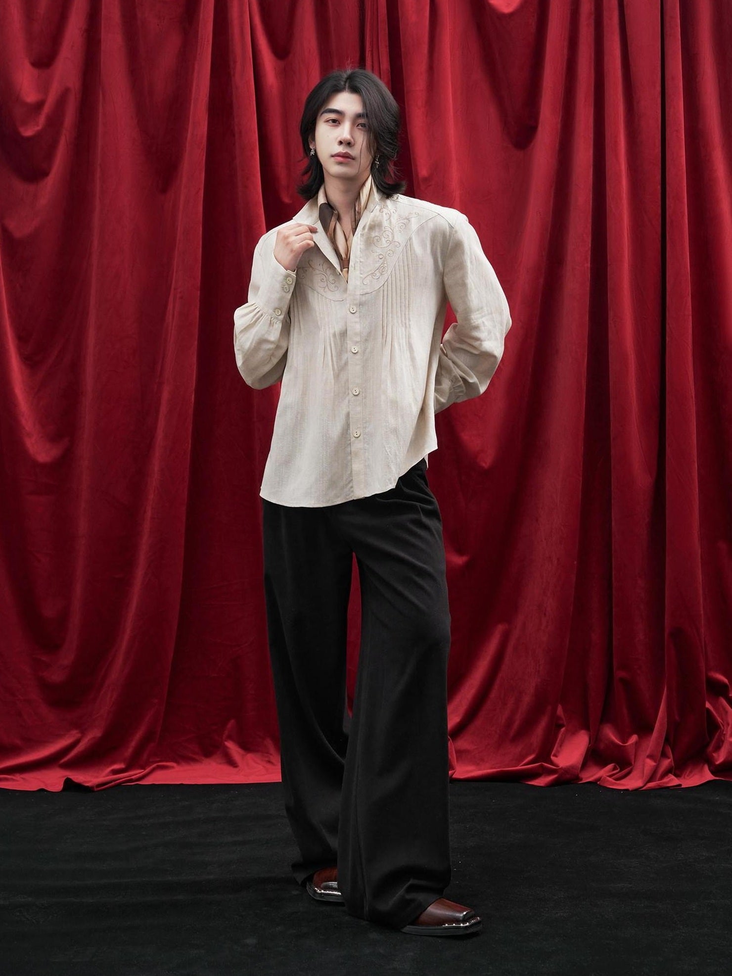 BALITONE Lyocell Linen Embroidered Pleated Regal Stand Collar Unisex Band-Collar Shirts