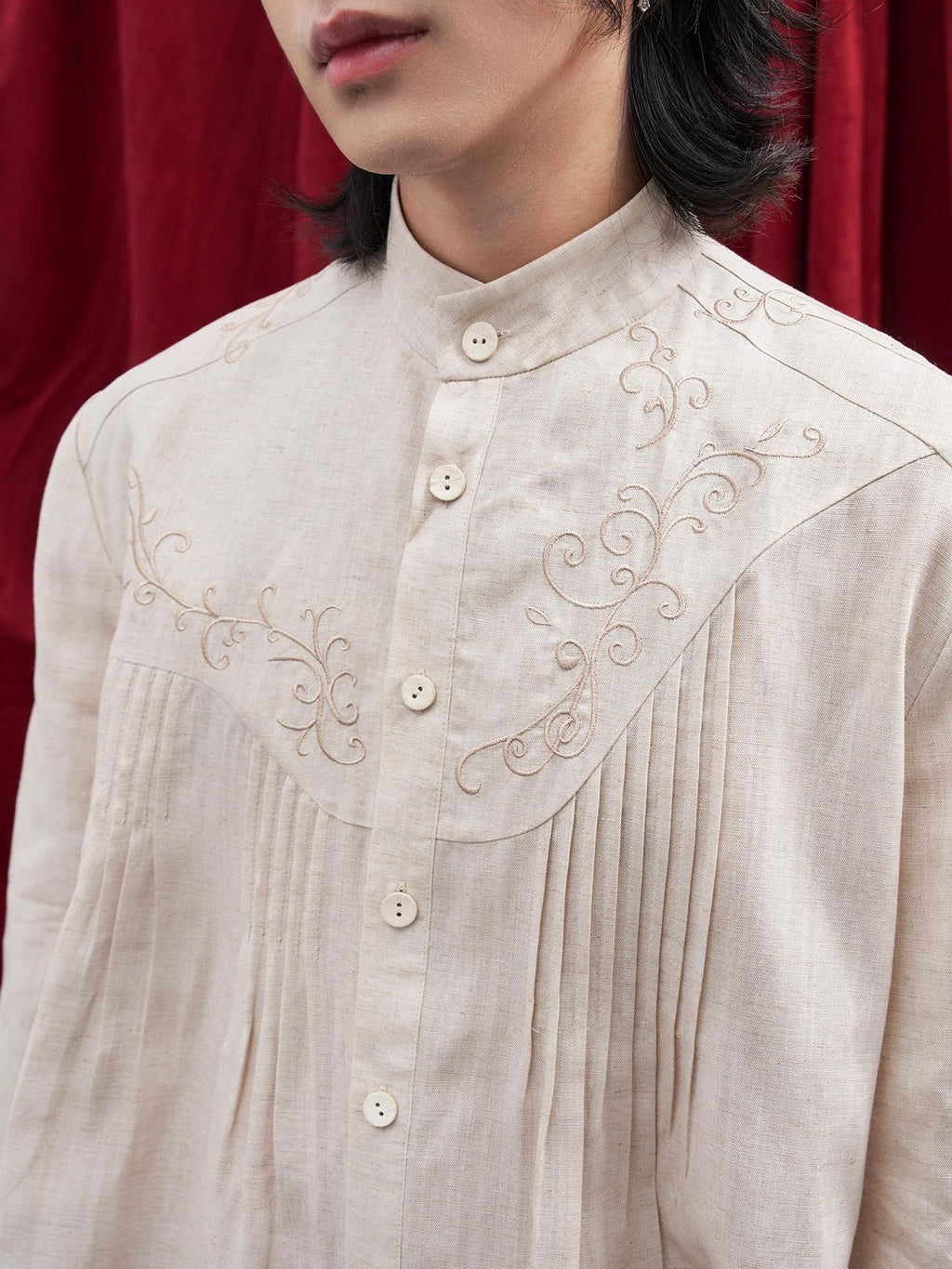 BALITONE Lyocell Linen Embroidered Pleated Regal Stand Collar Unisex Band-Collar Shirts
