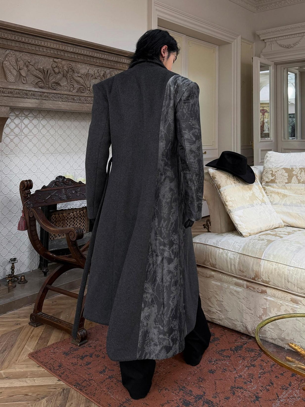 BALITONE Wrinkle Free Slim Fit Irregular Hem Blazer Collar Trendy Deep Gray Wool Coats