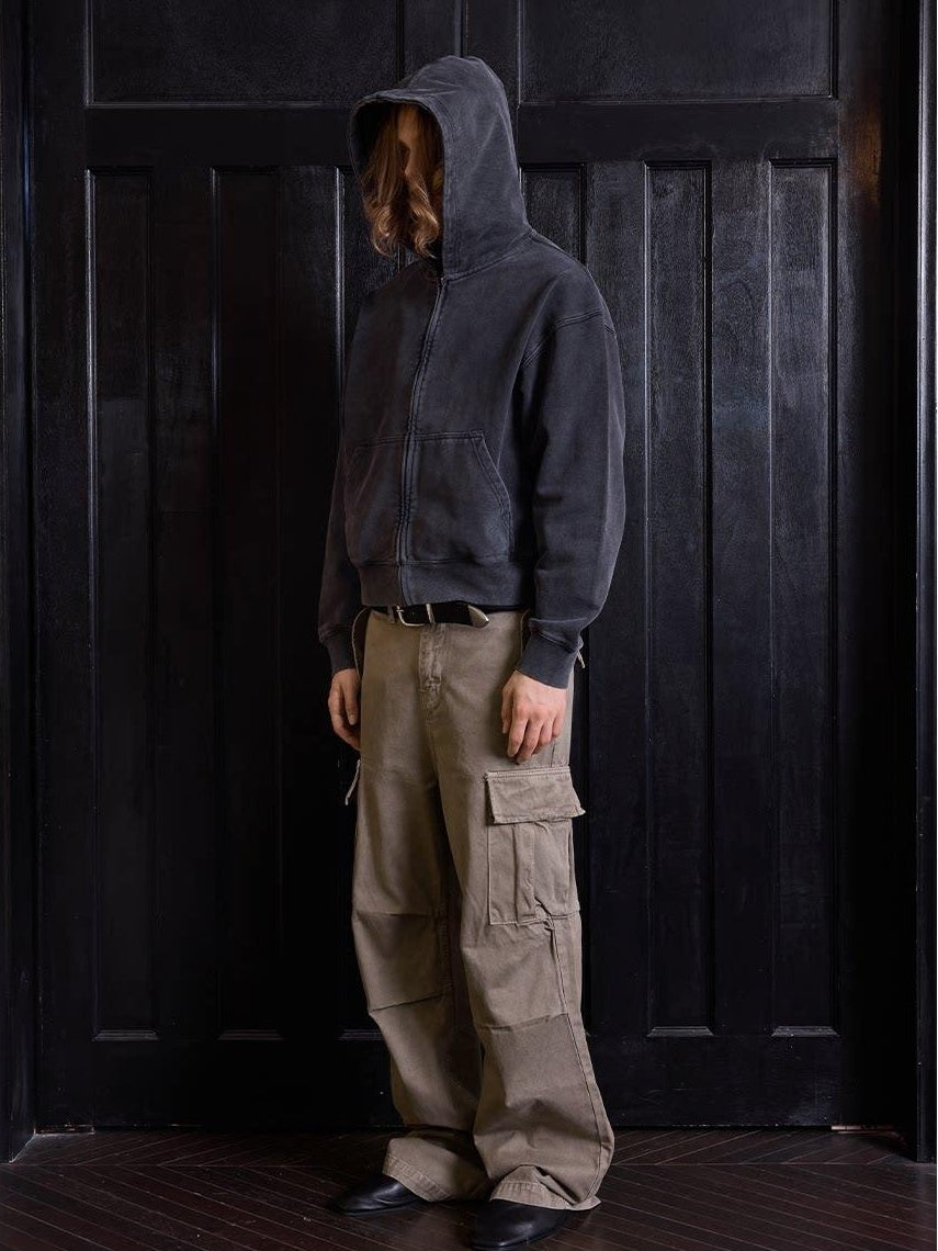 VLABMADE 100% Cotton Loose Straight Zipper Distressed Khaki Casual Classic Cargo Pants
