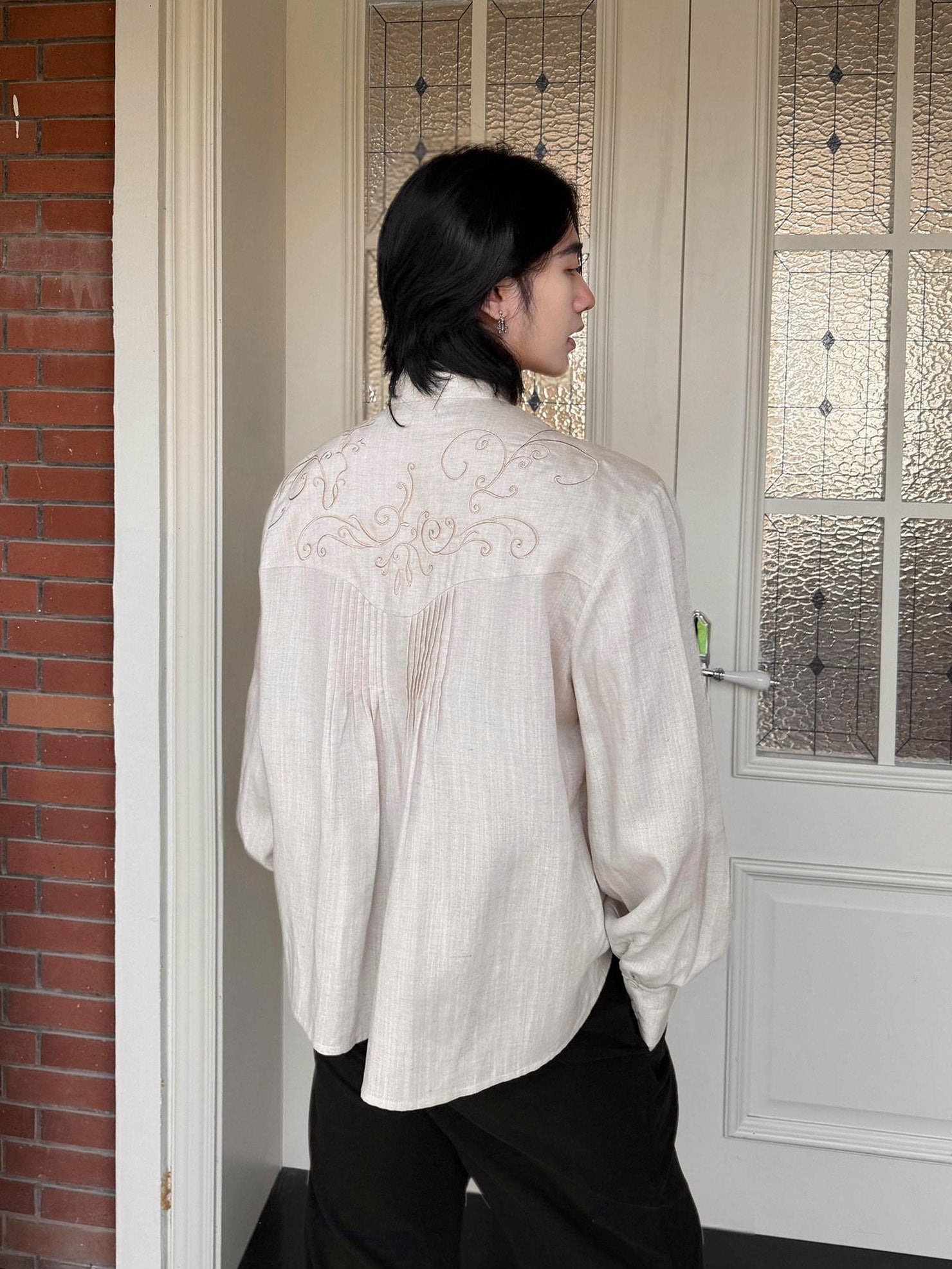 BALITONE Lyocell Linen Embroidered Pleated Regal Stand Collar Unisex Band-Collar Shirts