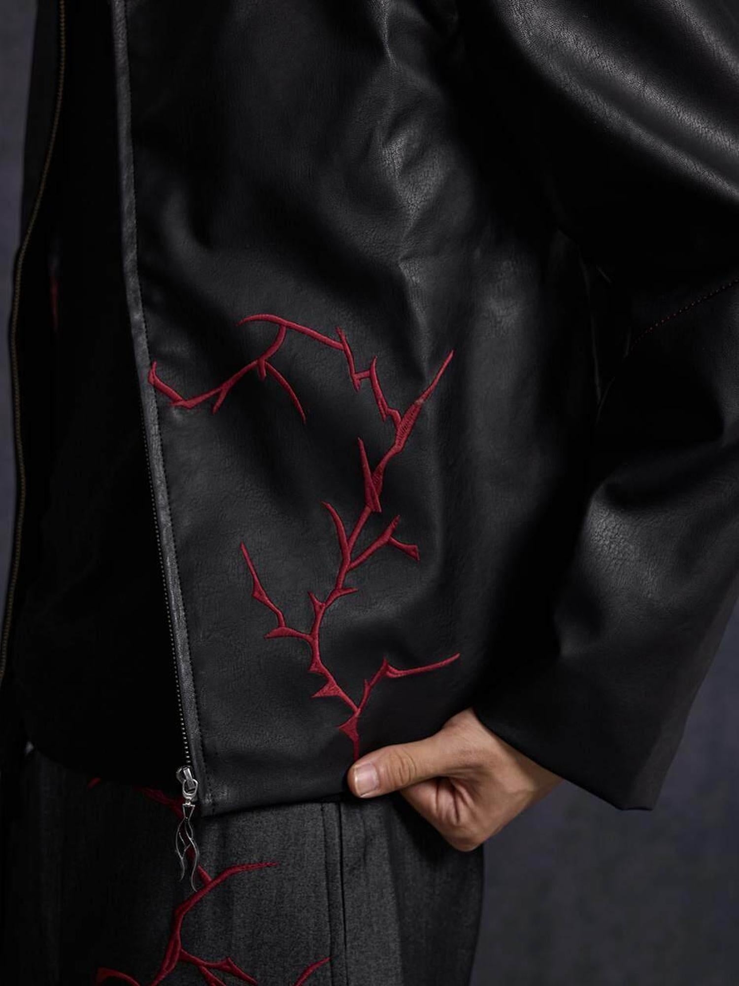 Hypeyourself Embroidered Windproof Faux Leather Cropped Stand Collar Youth Leather Jackets