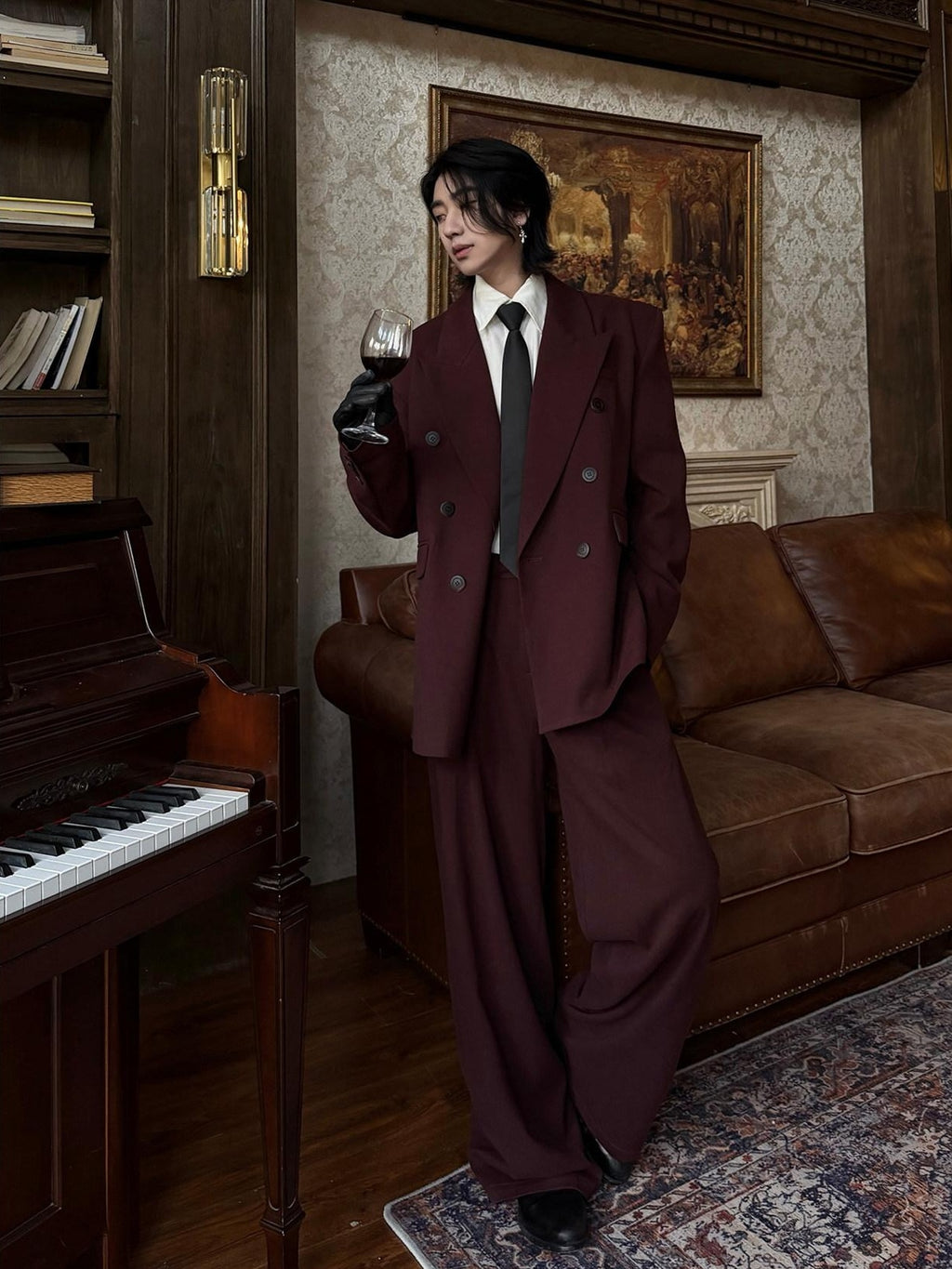 BALITONE No Iron Straight Cut Mid Rise Dark Wine Polyester Straight-Leg Casual Trousers