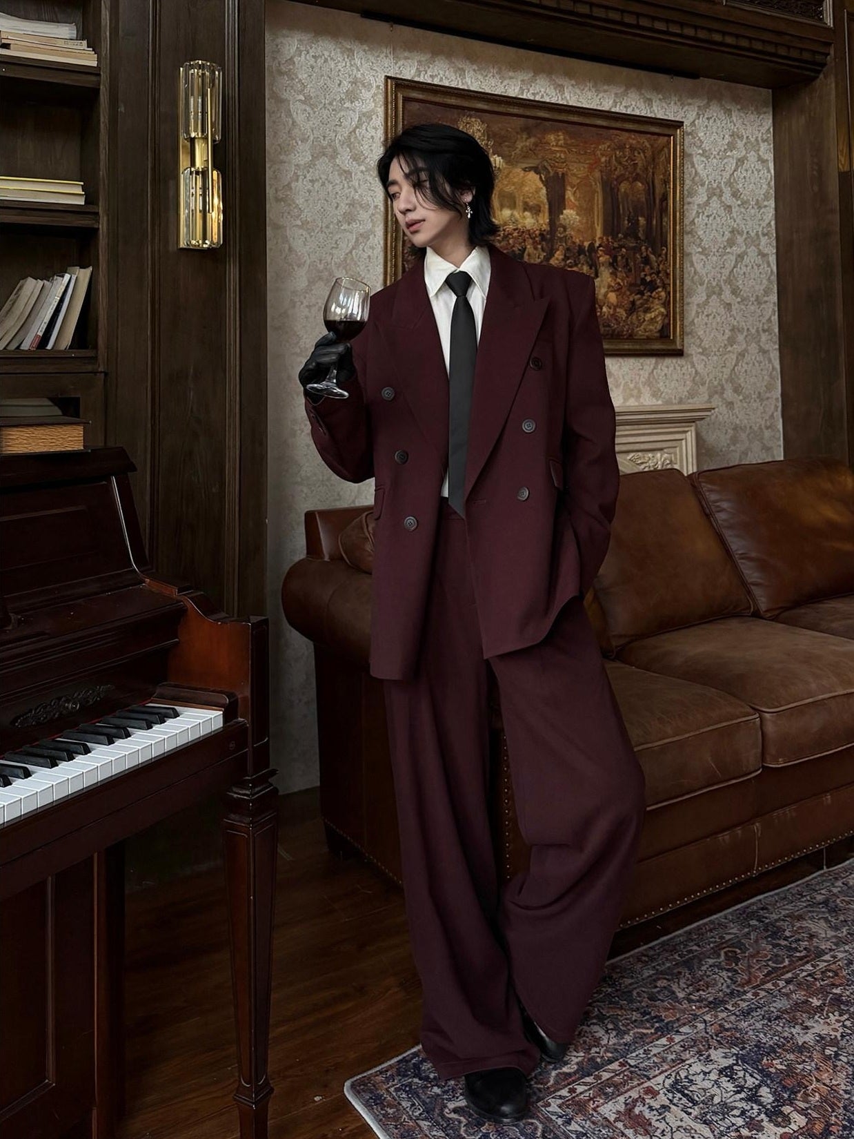BALITONE No Iron Straight Cut Mid Rise Dark Wine Polyester Straight-Leg Casual Trousers