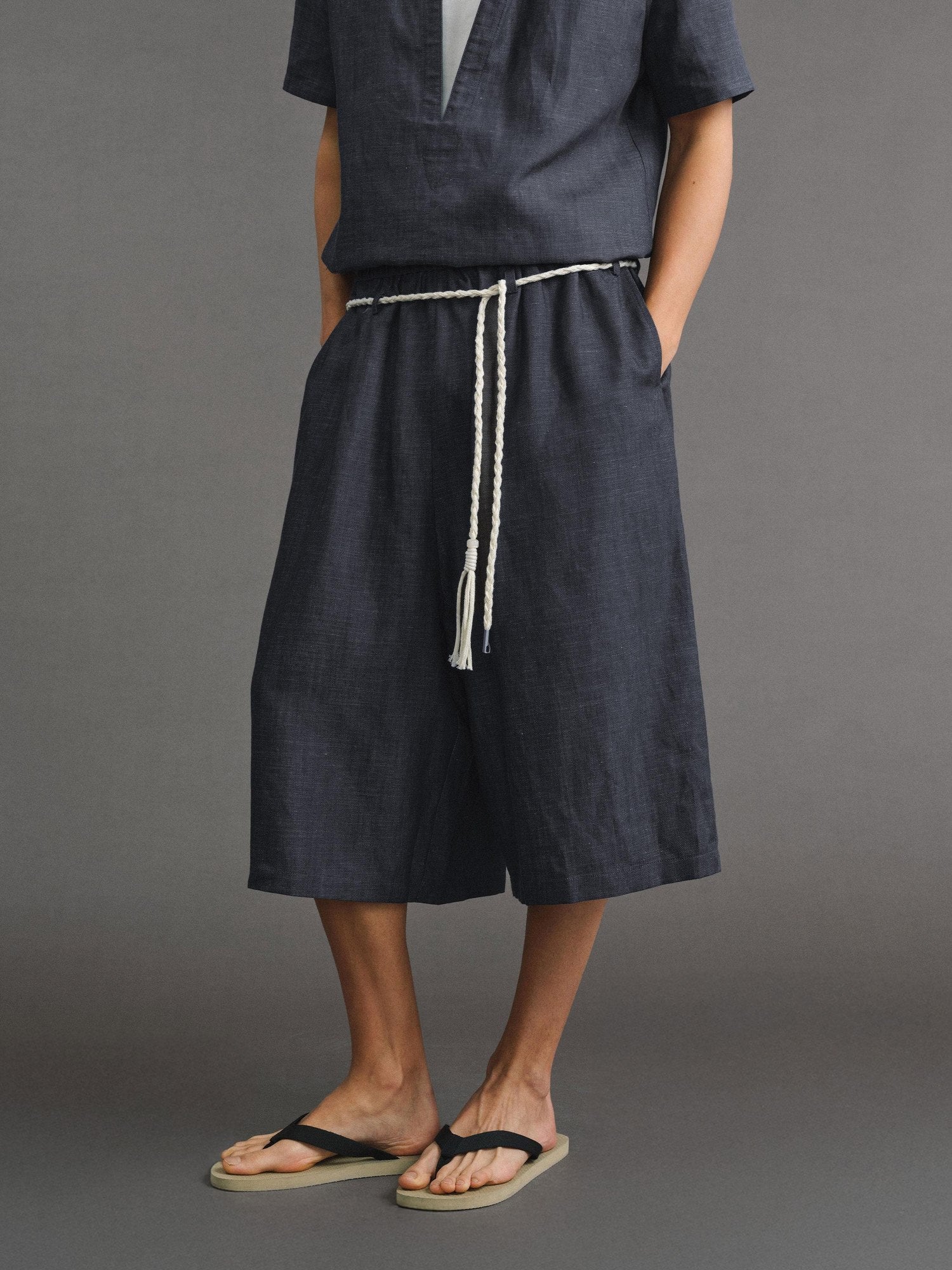 VLABMADE Breathable Lyocell Blend Loose Drawstring Elastic Waist Unisex Blue Linen Shorts