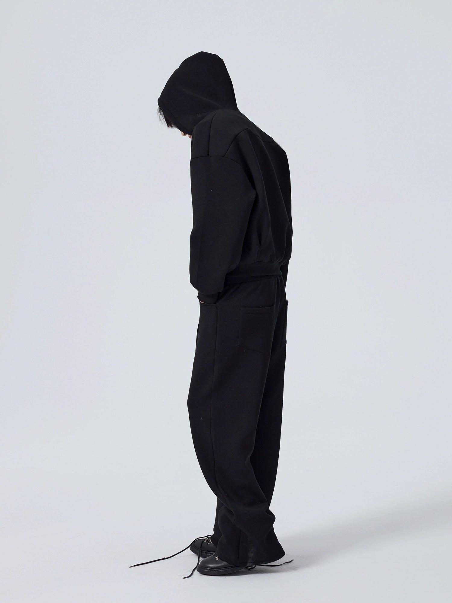 4JUNKS Shape Retention Loose Hooded Zip Top Unisex Nylon Black Gray Top & Pants Sets