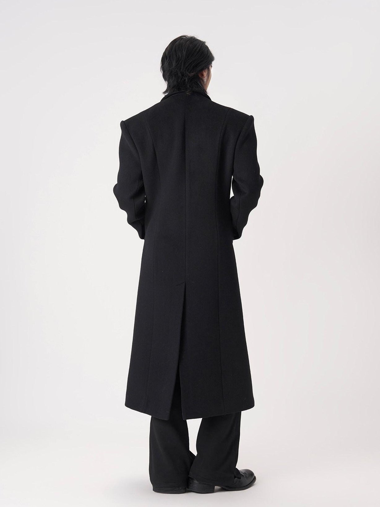 BALITONE Warm Wool Blend Embroidered Button Slim Long Unisex Urban Black Lapel Overcoats