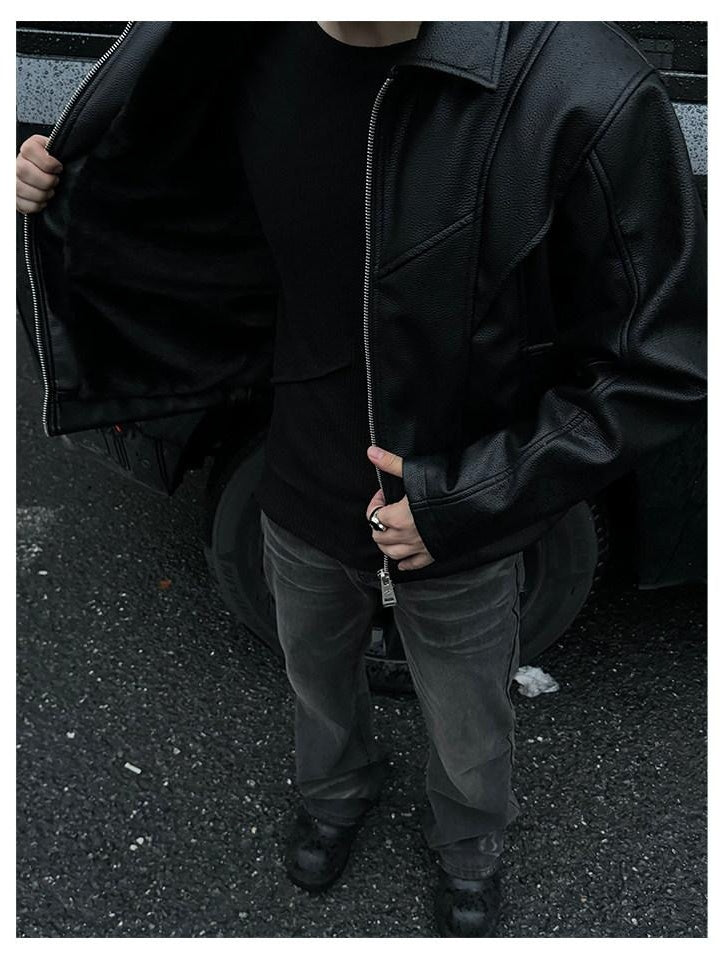 CATSSTAC Fleece Lined Warm Youthful Standard Fit Casual Black Zip Front Leather Jackets