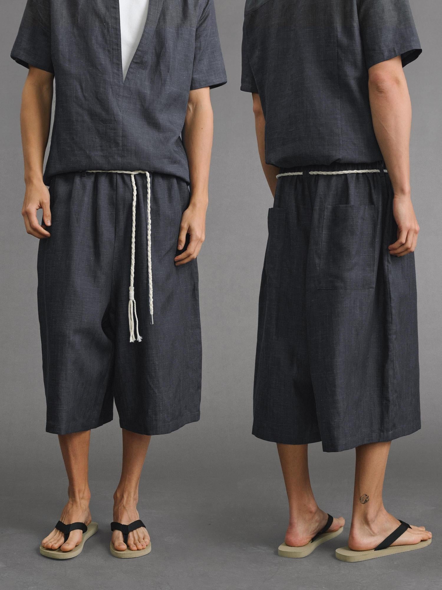 VLABMADE Breathable Lyocell Blend Loose Drawstring Elastic Waist Unisex Blue Linen Shorts