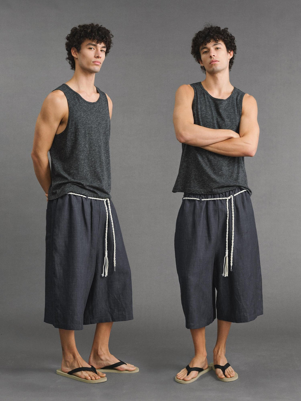 VLABMADE Breathable Lyocell Blend Loose Drawstring Elastic Waist Unisex Blue Linen Shorts