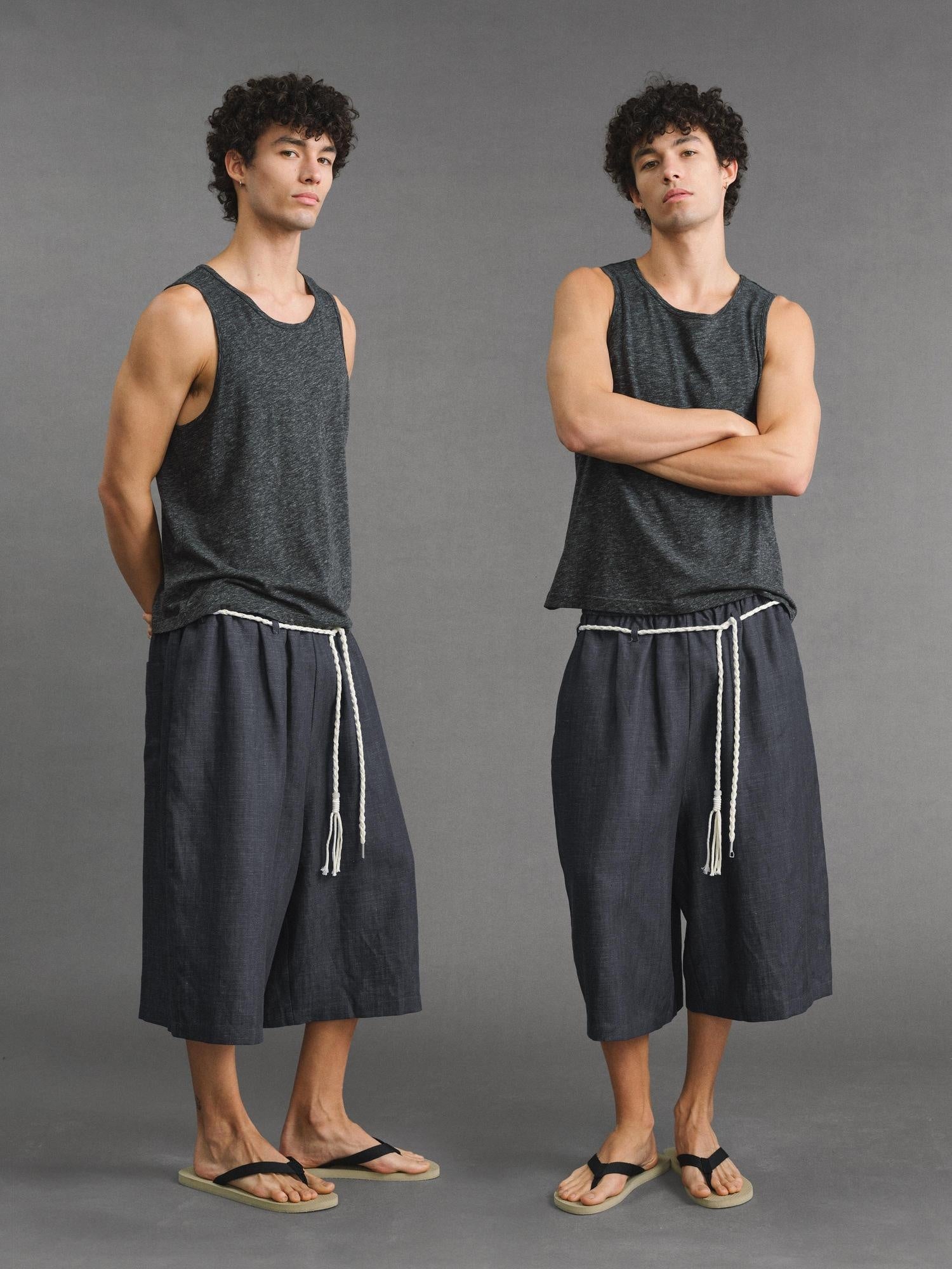 VLABMADE Breathable Lyocell Blend Loose Drawstring Elastic Waist Unisex Blue Linen Shorts
