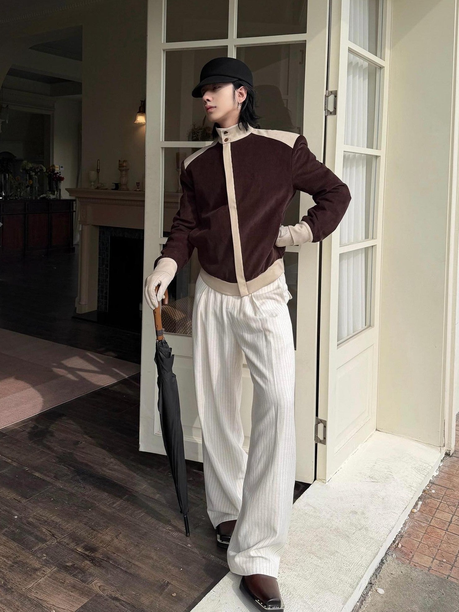 BALITONE White Striped Pleated Viscose Linen Micro Stretch Straight-Leg Casual Trousers