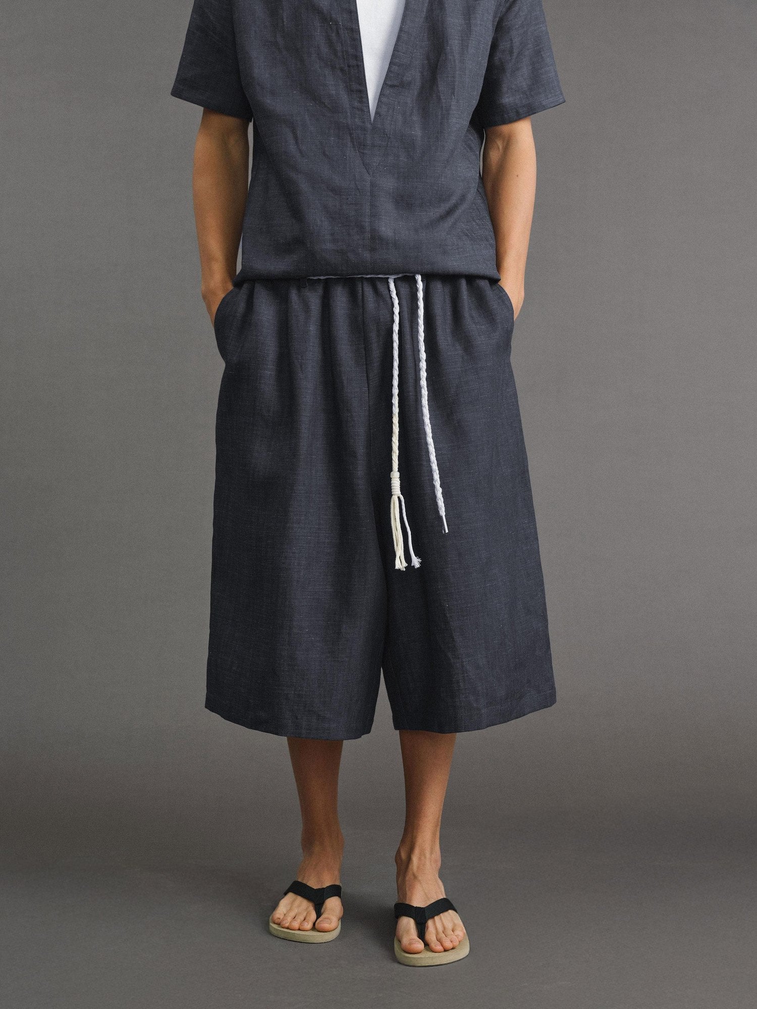VLABMADE Breathable Lyocell Blend Loose Drawstring Elastic Waist Unisex Blue Linen Shorts