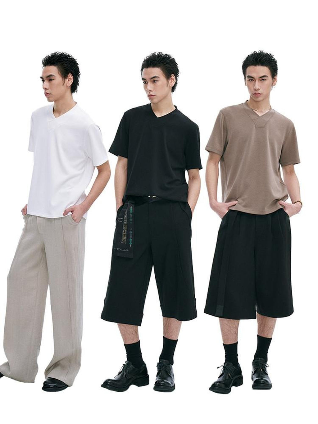 CATSSTAC Lightweight V-neck Loose Fit Trendy Youth Daily Solid Short Sleeve T-Shirts
