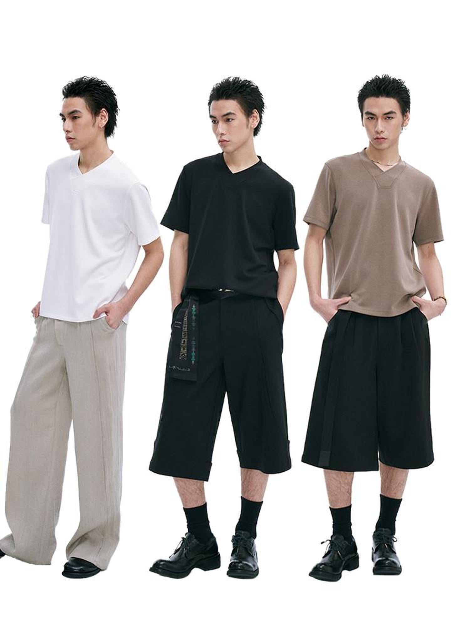 CATSSTAC Lightweight V-neck Loose Fit Trendy Youth Daily Solid Short Sleeve T-Shirts