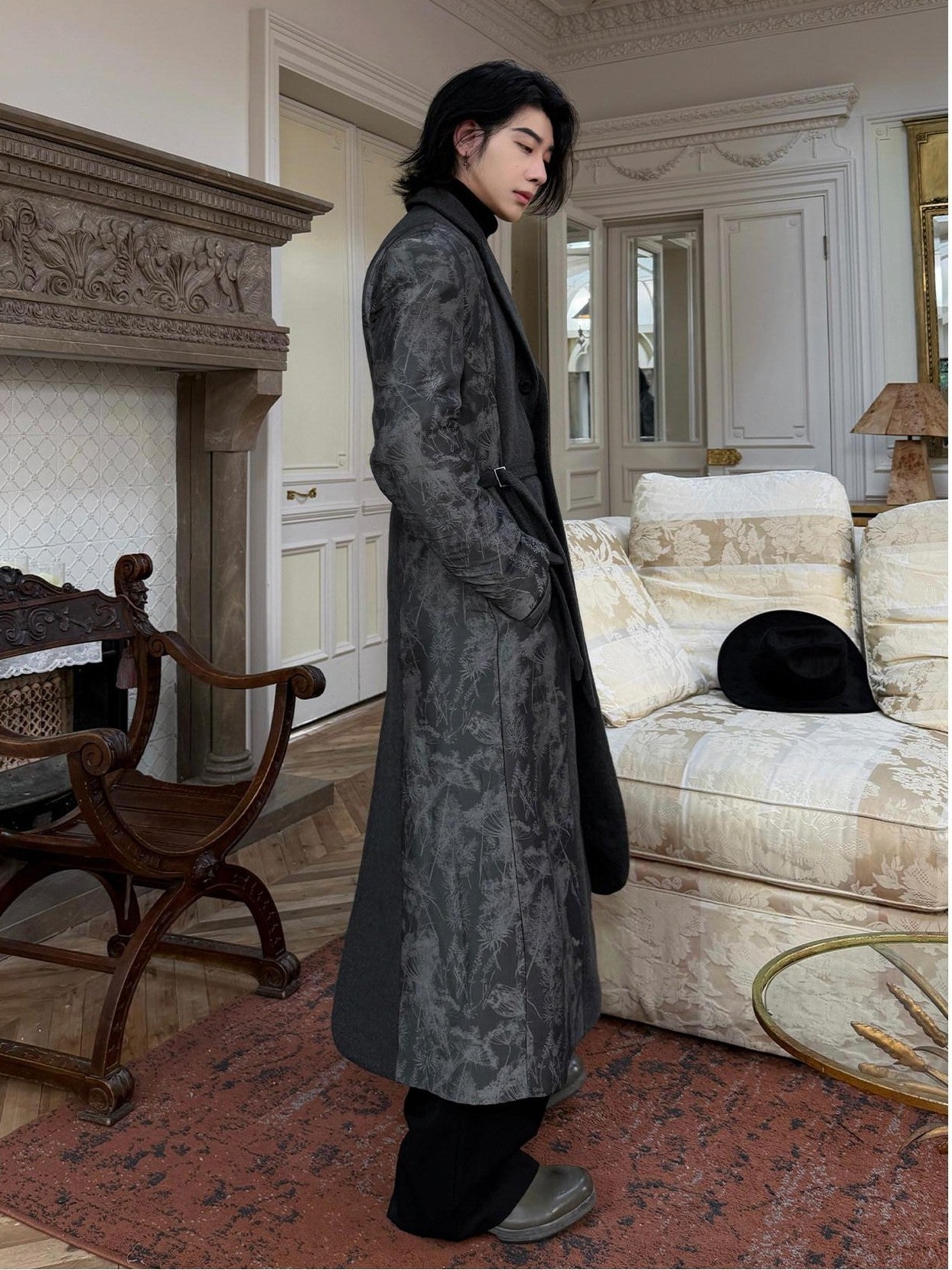 BALITONE Wrinkle Free Slim Fit Irregular Hem Blazer Collar Trendy Deep Gray Wool Coats