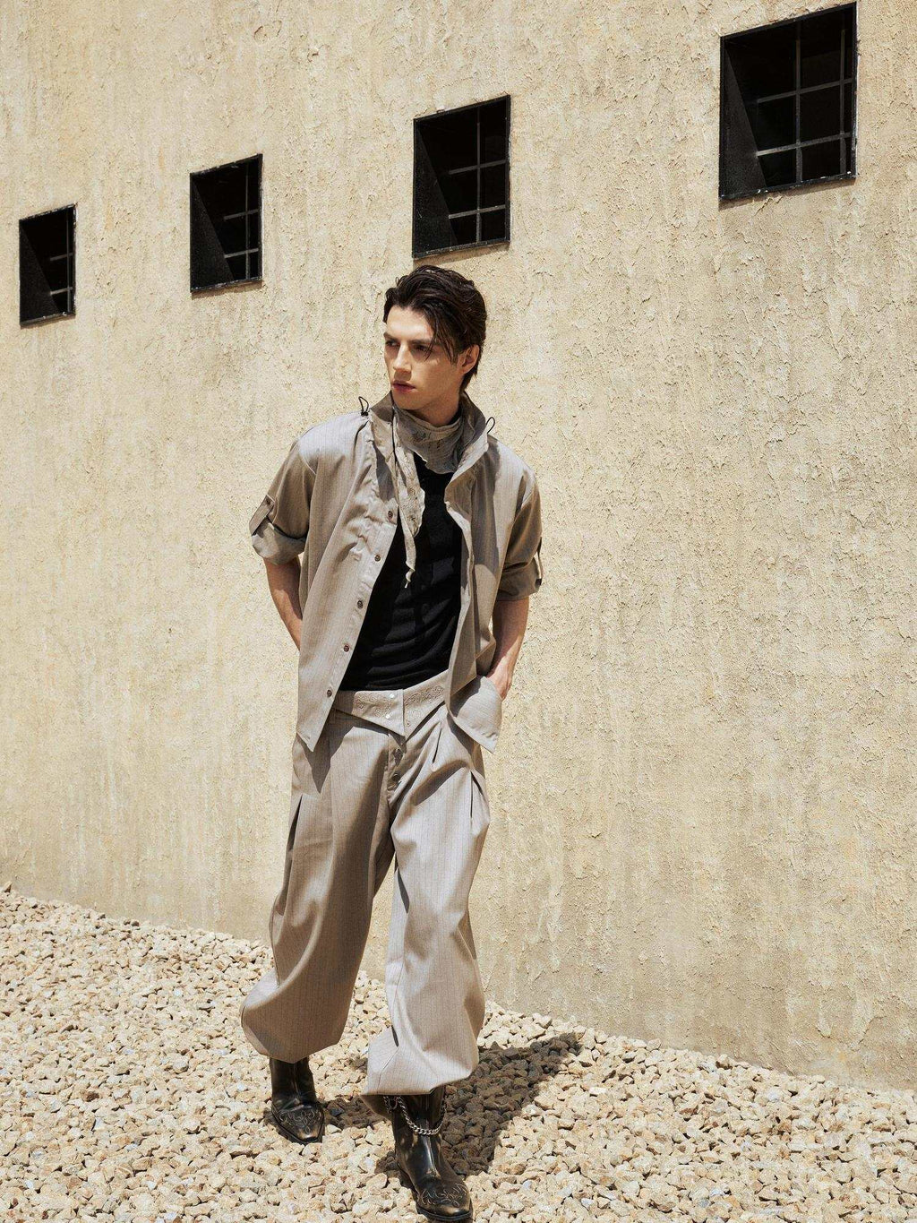 Hypeyourself Patchwork Stand Collar Striped Button Cardigan Unisex Business Shirts