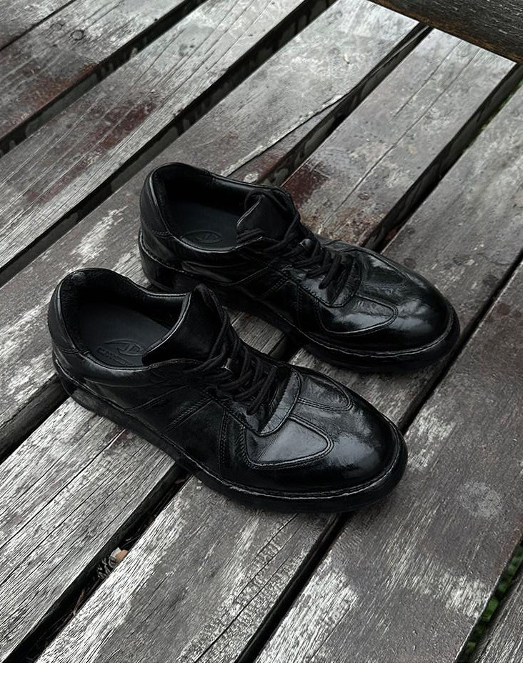 CATSSTAC Durable Horse Leather Casual Low Profile Lace Up Black German Trainer Sneakers